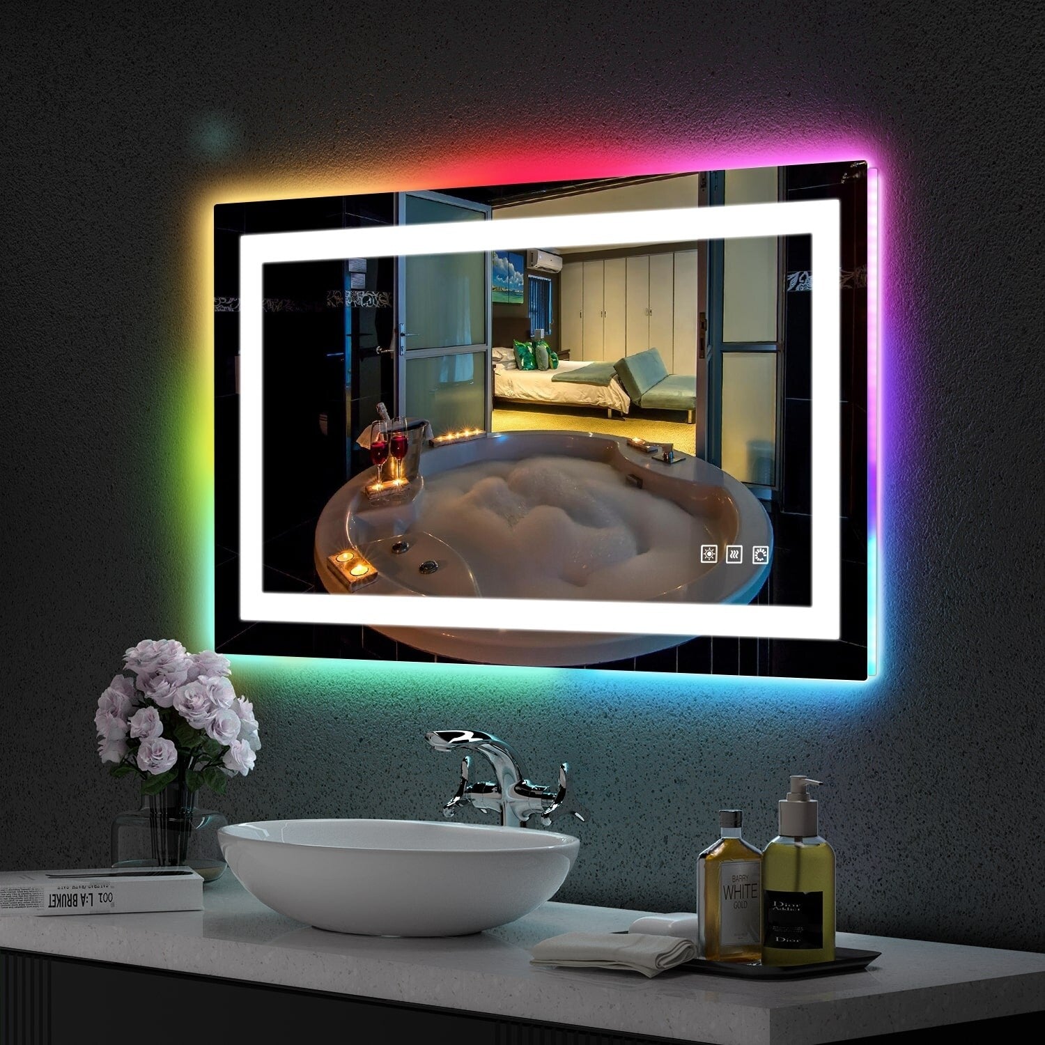 Miroir de salle de bain antibuée rétroéclairé RVB et à éclairage frontal LED