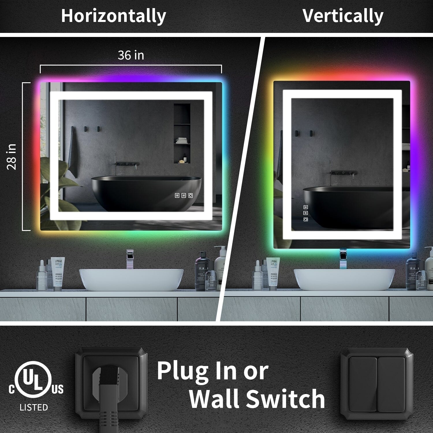 Miroir de salle de bain antibuée rétroéclairé RVB et à éclairage frontal LED