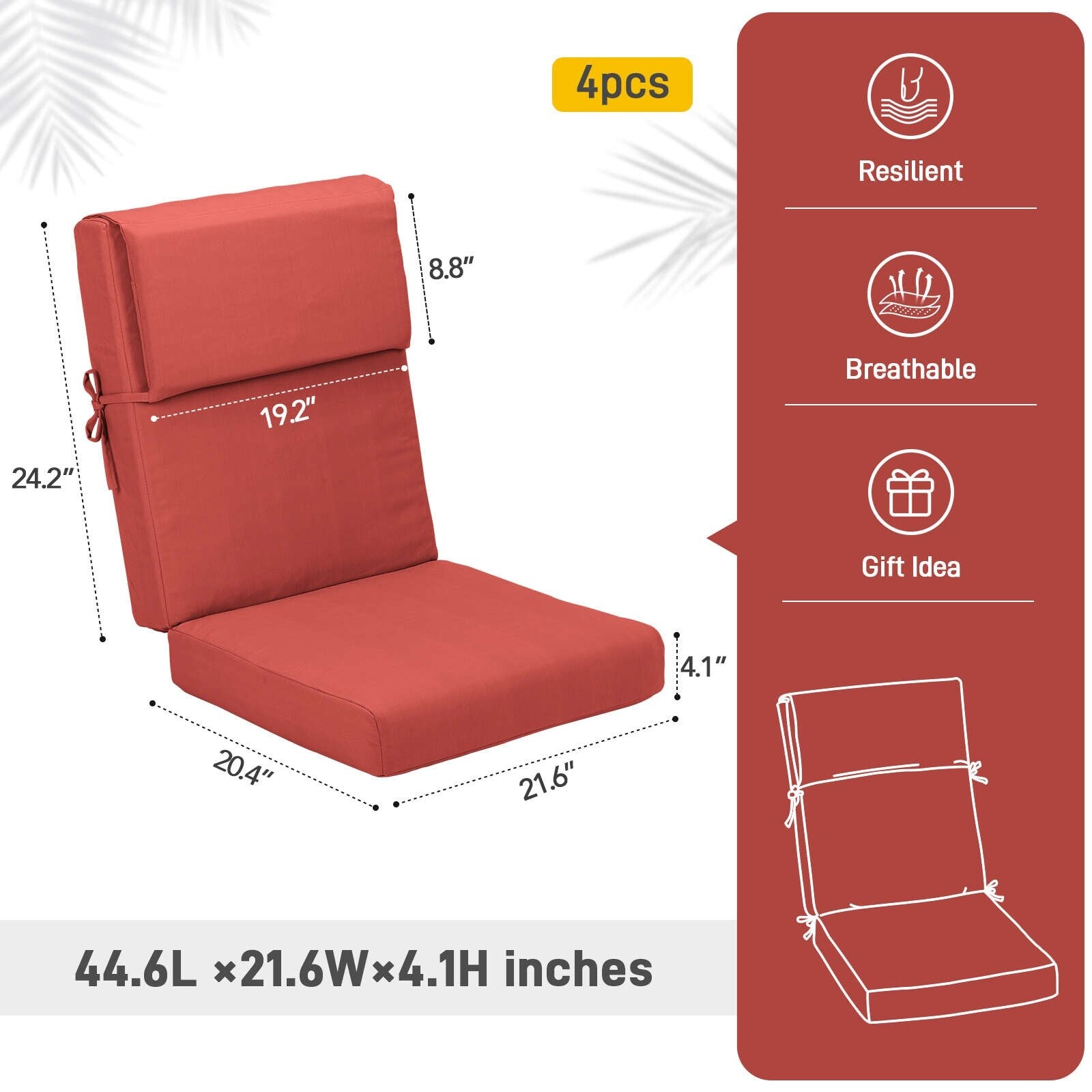 Lot de 4 coussins de chaise à dossier haut Aoodor Patio, 46 ​​x 21 x 4 pouces (coussins uniquement)