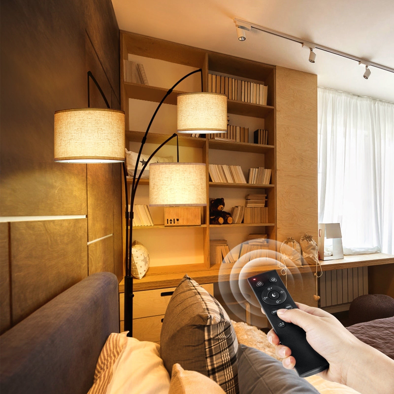 Lampadaire LED Arc à intensité variable, moderne, noir, 3 lampes, haut et arqué