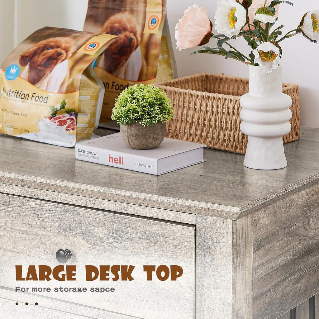 Cage pour chien Bossin de 111 cm de large, table d'appoint en bois avec tiroirs de rangement, niche décorative pour animaux de compagnie.