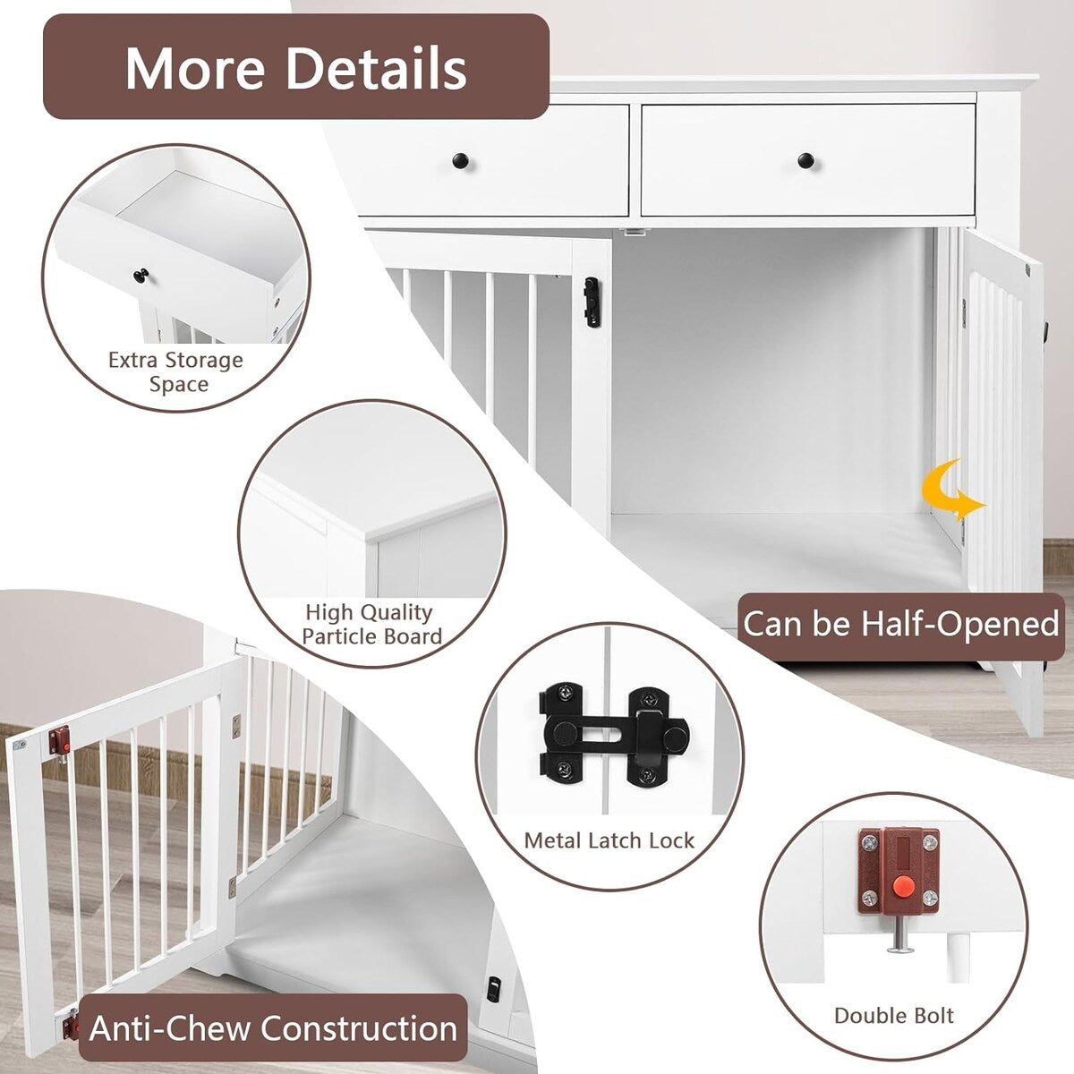 Cage pour chien Bossin de 111 cm de large, table d'appoint en bois avec tiroirs de rangement, niche décorative pour animaux de compagnie.