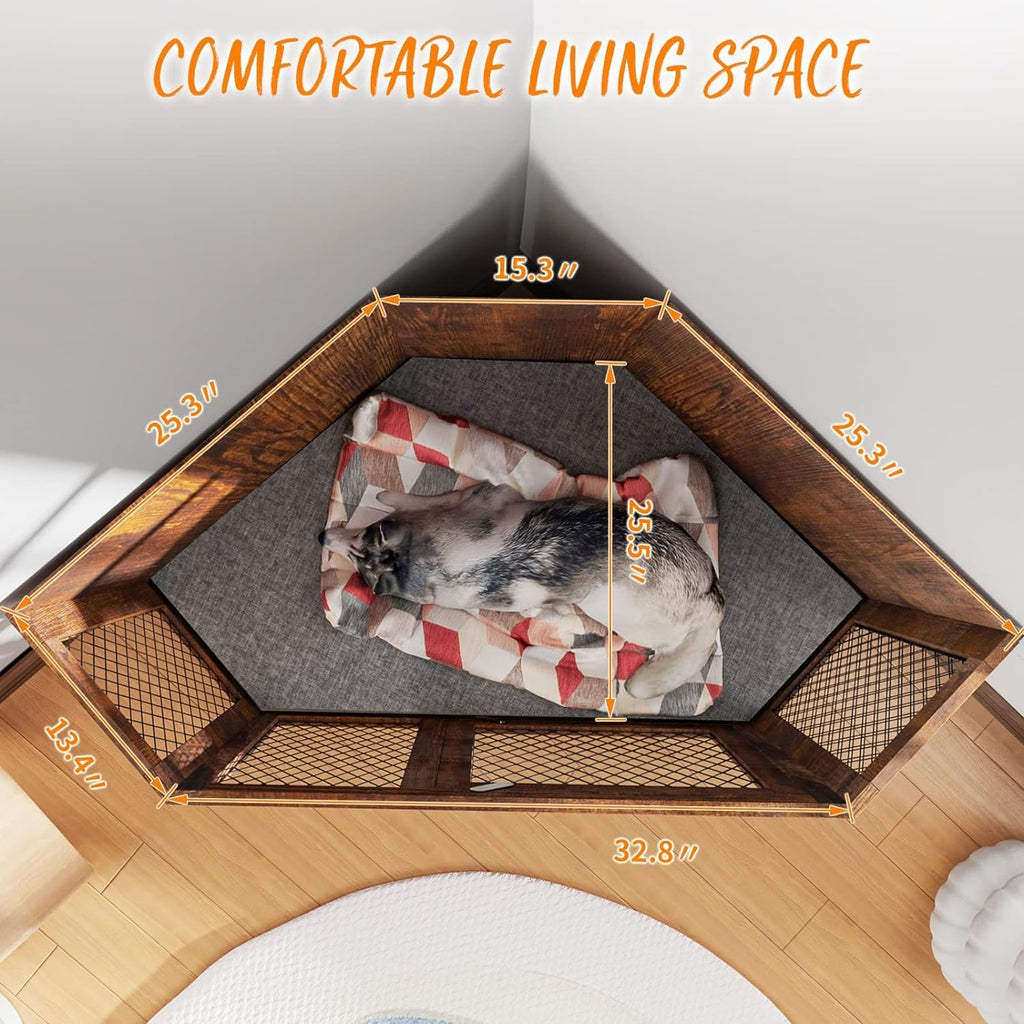 Niche d'angle pour chien Bossin, niche en bois de 44/52 pouces avec filet, niche décorative en bois pour chien, idéale pour l'intérieur