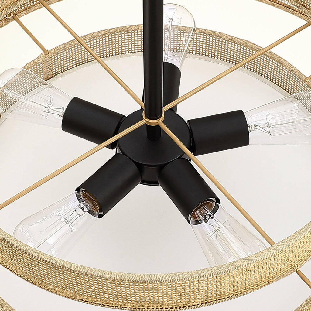 Lustre tambour côtier noir Bayou à 5 lumières avec double abat-jour en rotin - 24 po de largeur