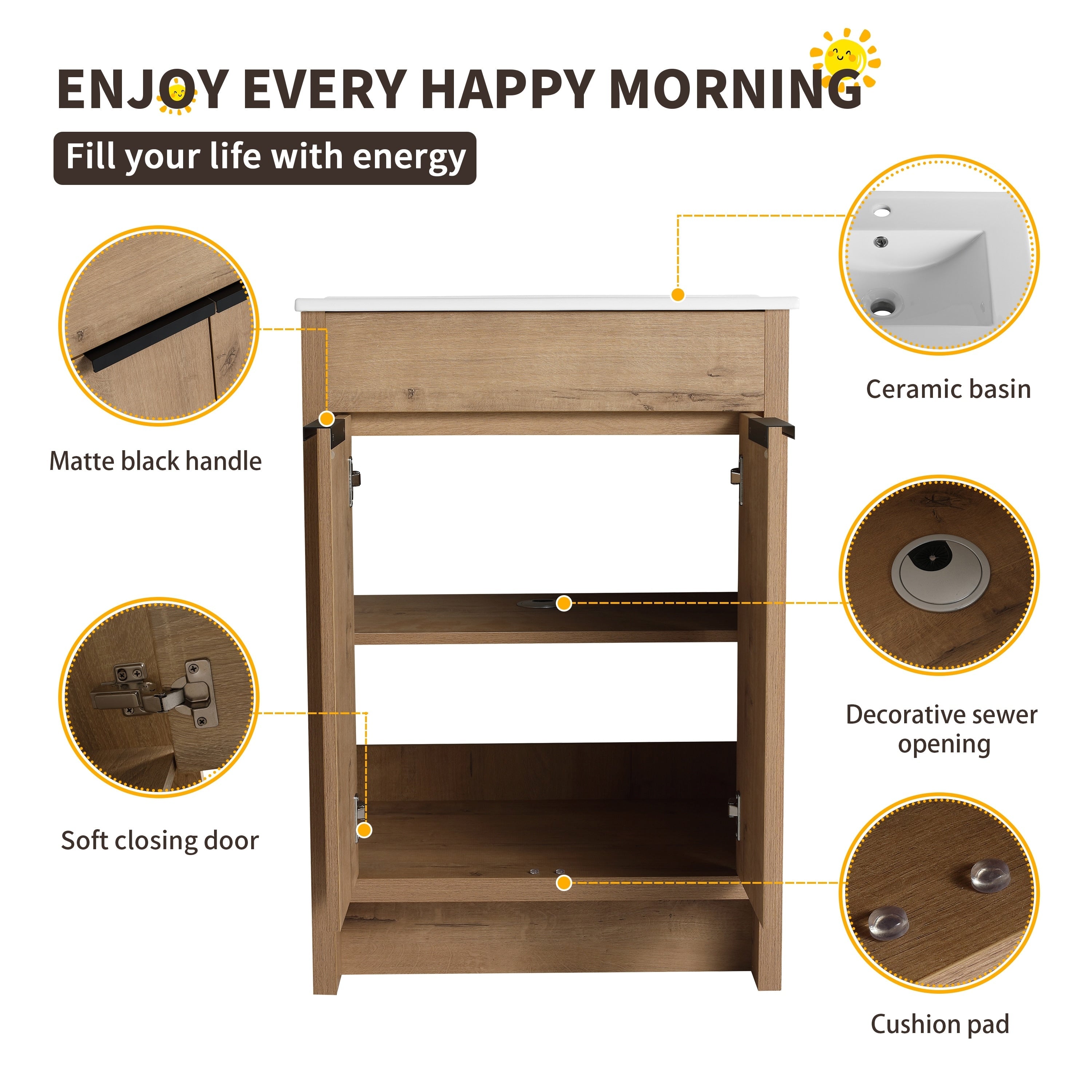 Beingnext Meuble-lavabo 24/30/36 avec porte à fermeture douce et étagère réglable