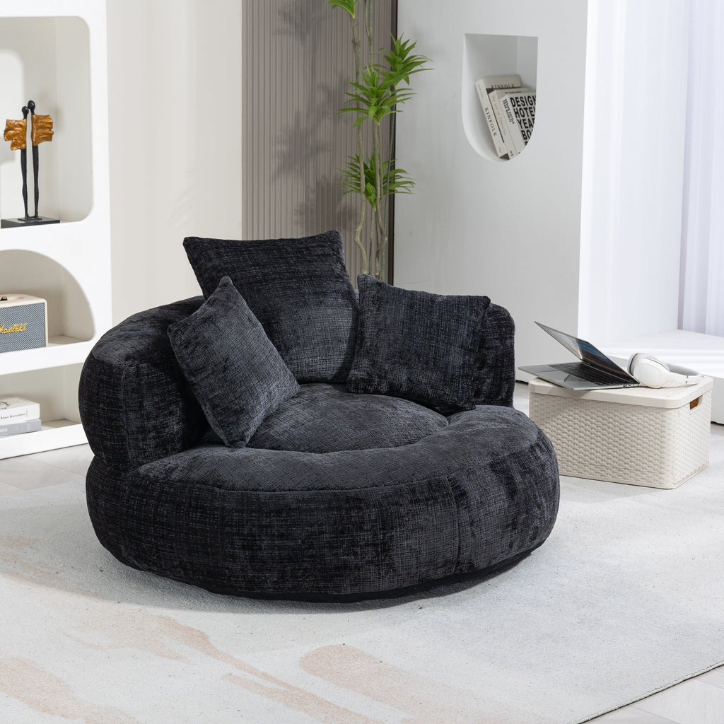 Pouf simple surdimensionné en chenille noir de 42,52 pouces avec trois oreillers pour chambre à coucher