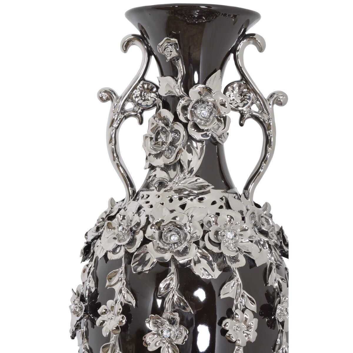 Superbe vase orné de bijoux en forme de fleuron noir et argent de 35 pouces de hauteur