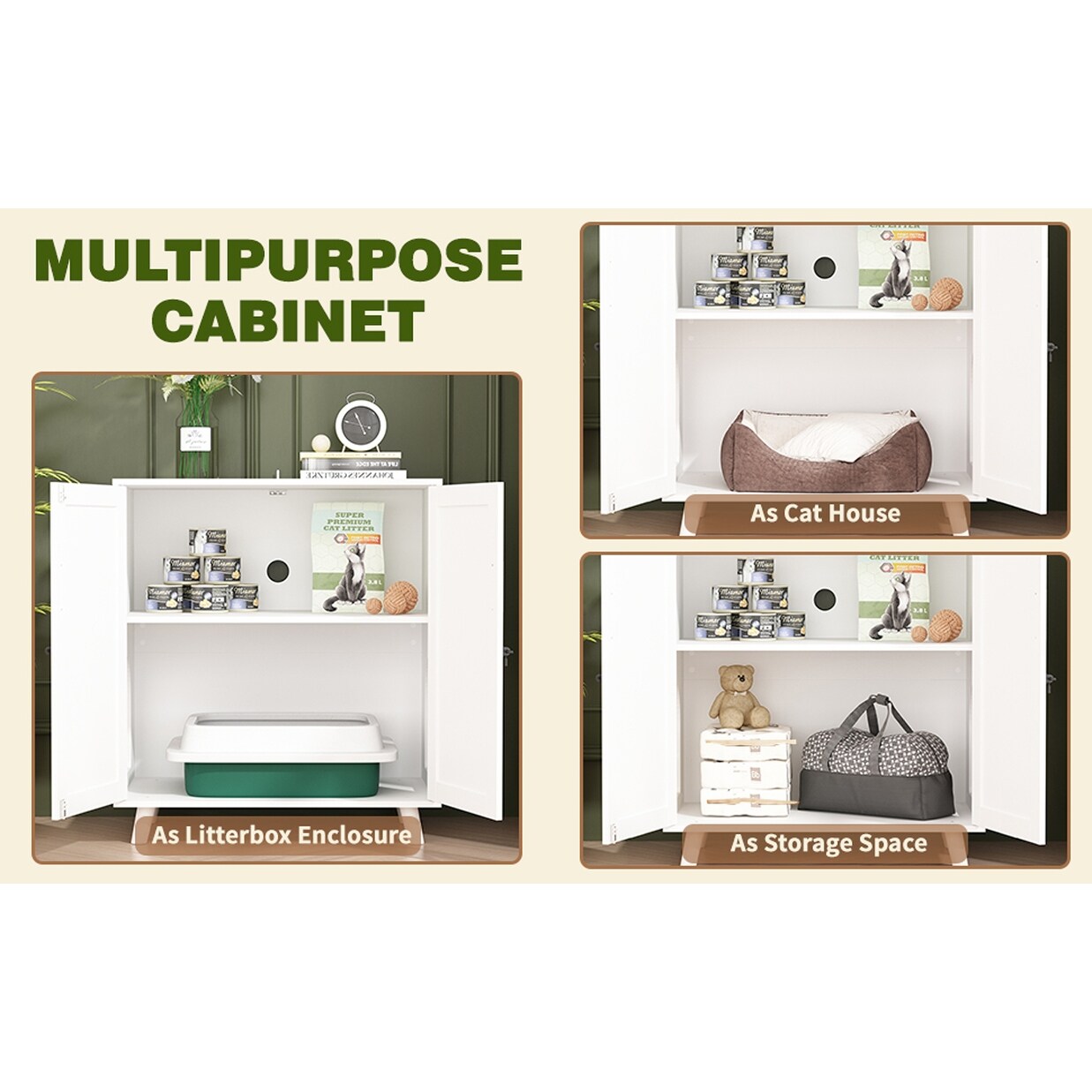 Bac à litière pour chat, maison pour chat, table d'appoint, porte, armoire, bibliothèque