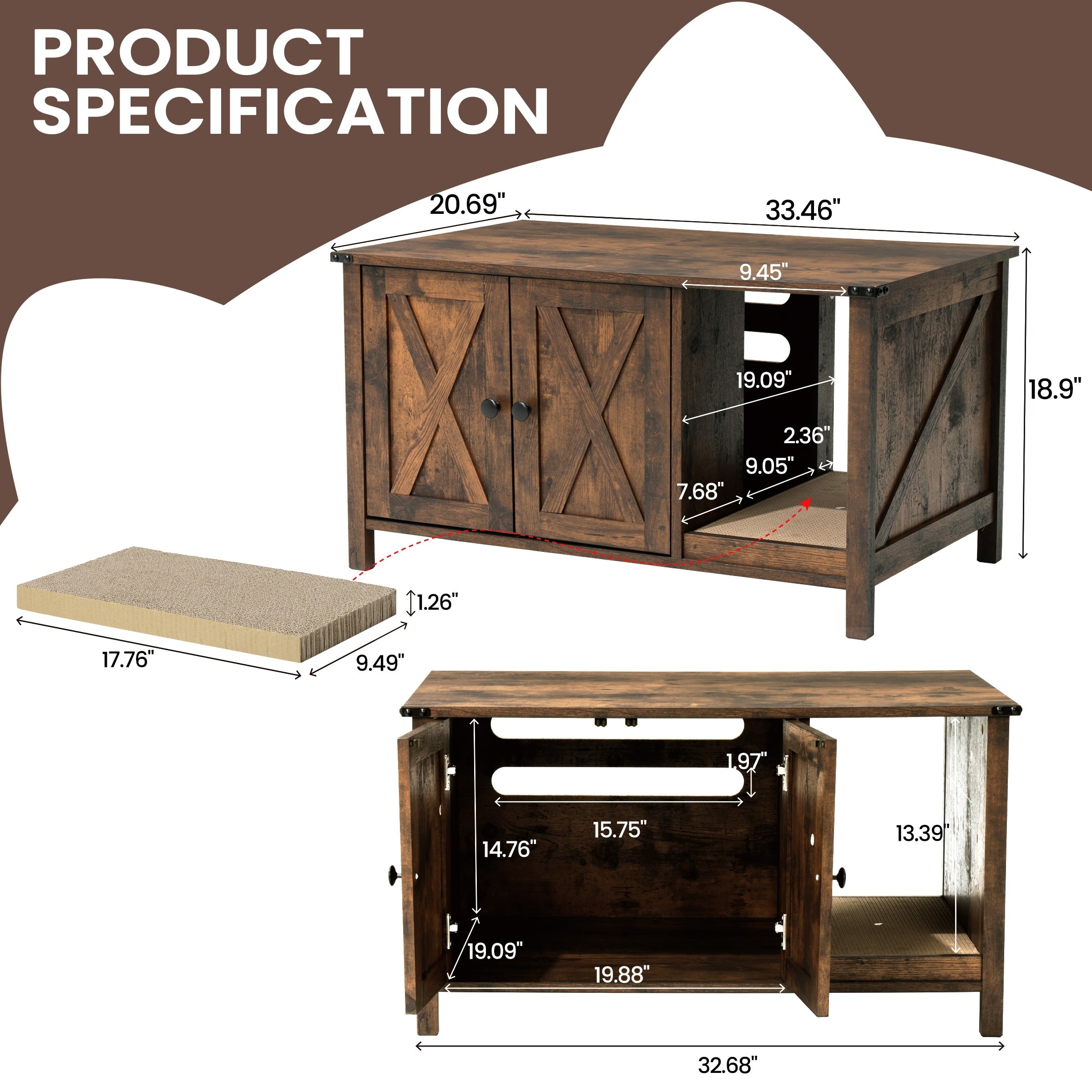 Enceinte de bac à litière pour chat, meuble de toilette en bois caché avec griffoir