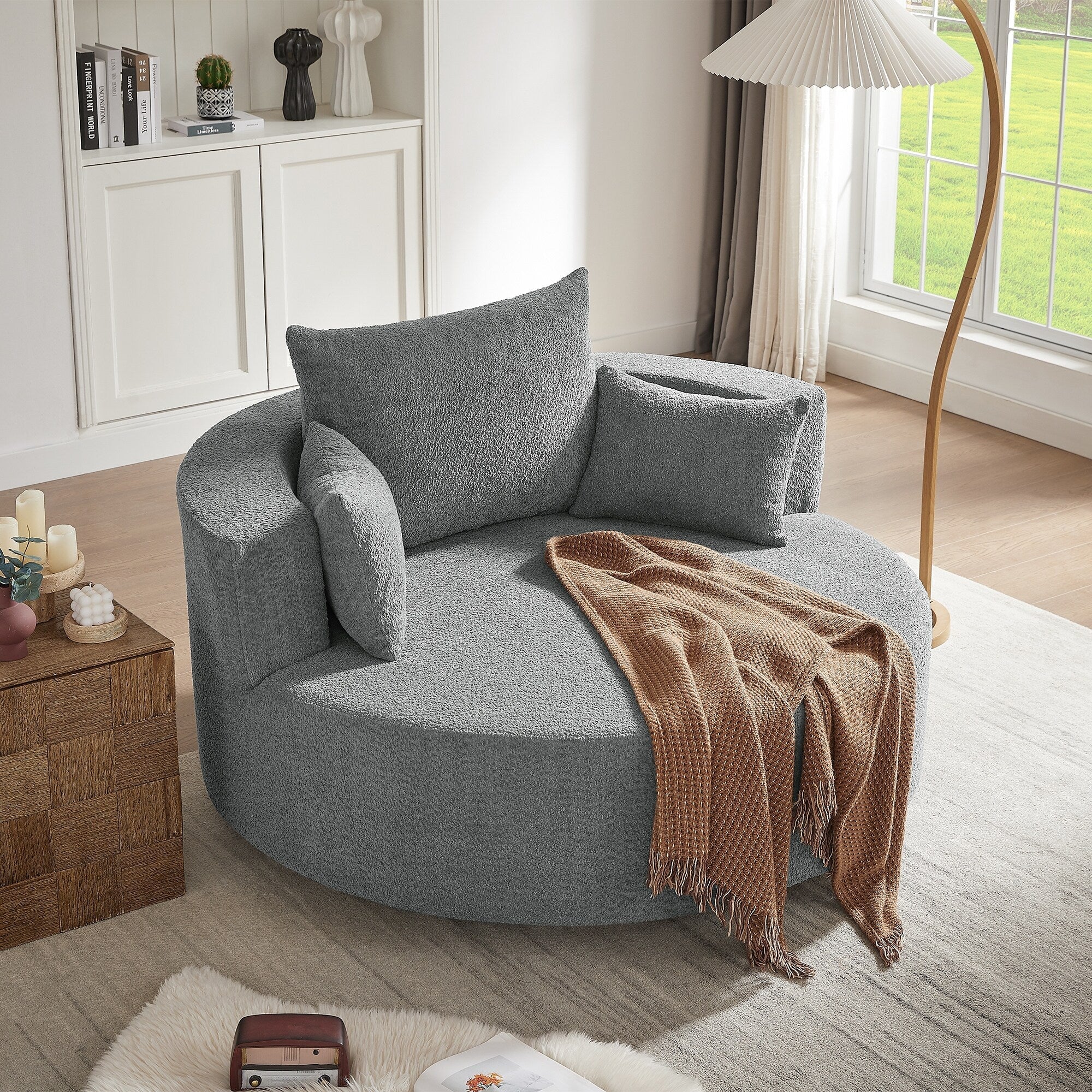 Fauteuil d'appoint en chenille, fauteuil rond avec base pivotante à 360 degrés et 3 coussins amovibles