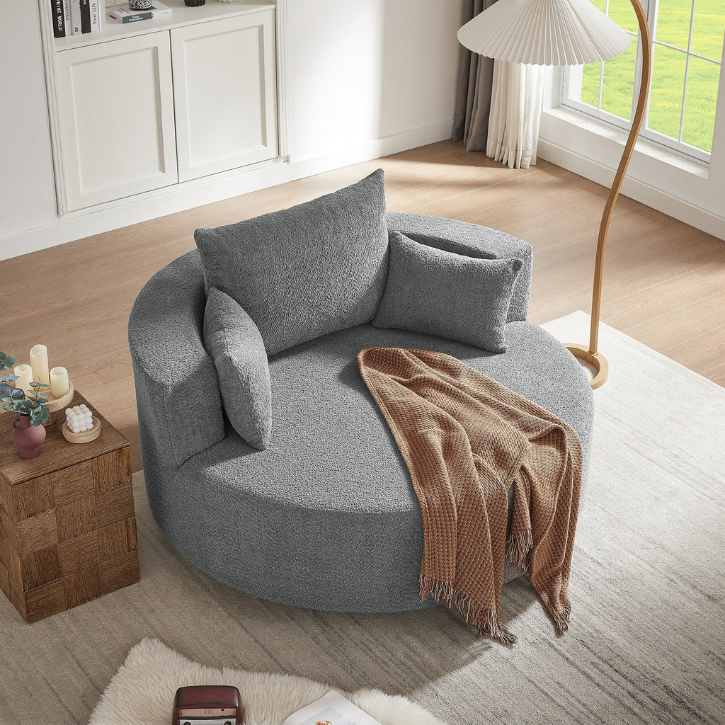 Fauteuil d'appoint en chenille, fauteuil rond avec base pivotante à 360 degrés et 3 coussins amovibles
