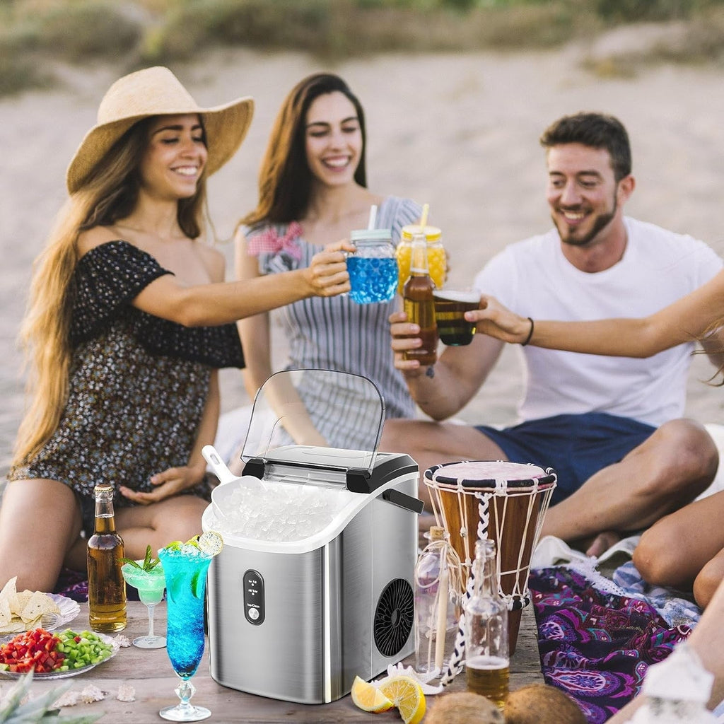 Machine à glaçons portable de comptoir Nugget Ice avec boutons mécaniques, équipée d'un panier à glaçons et d'une pelle à glaçons, en acier inoxydable