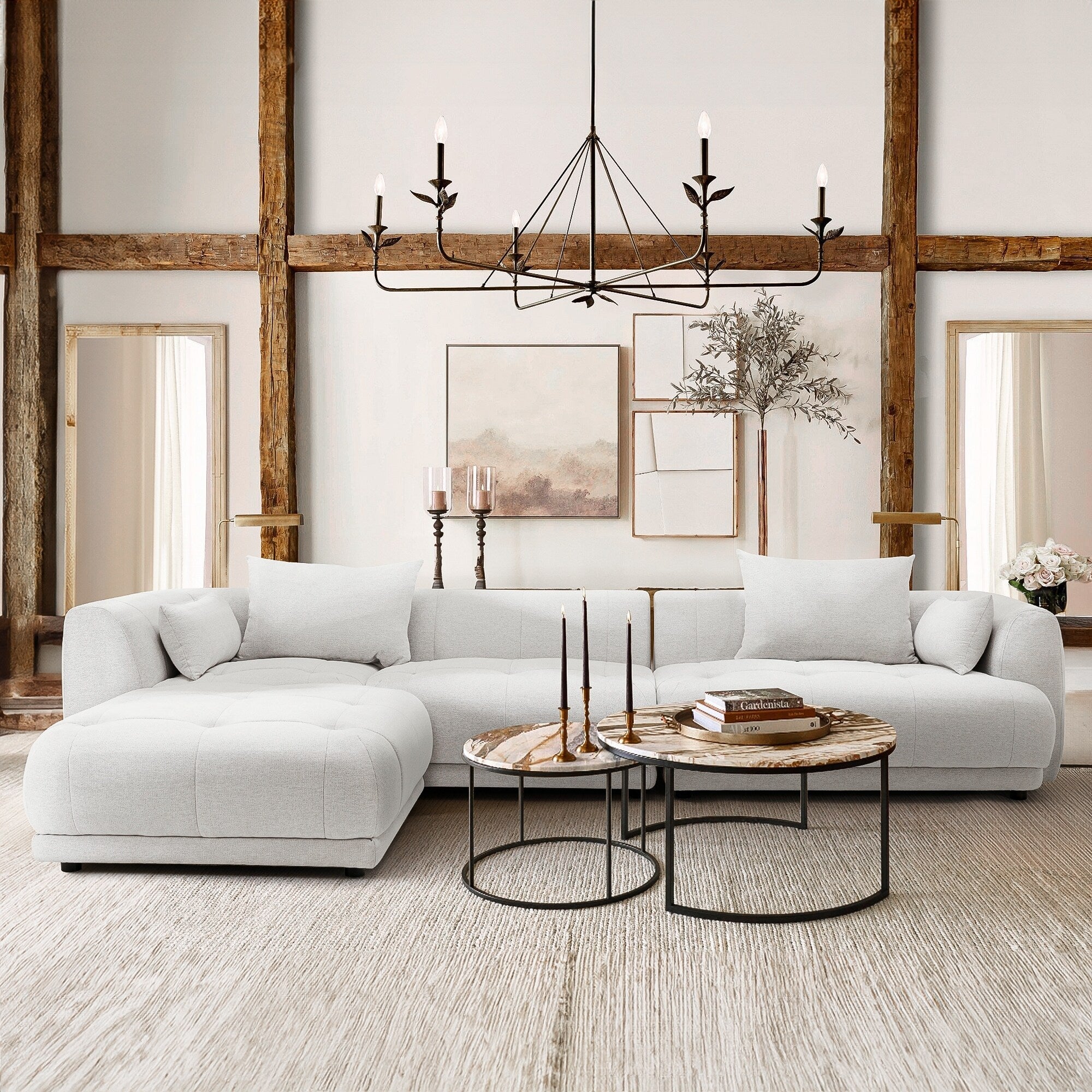 Canapé modulaire Cloud 144 avec pouf - Canapé de salon en tissu chenille moelleux