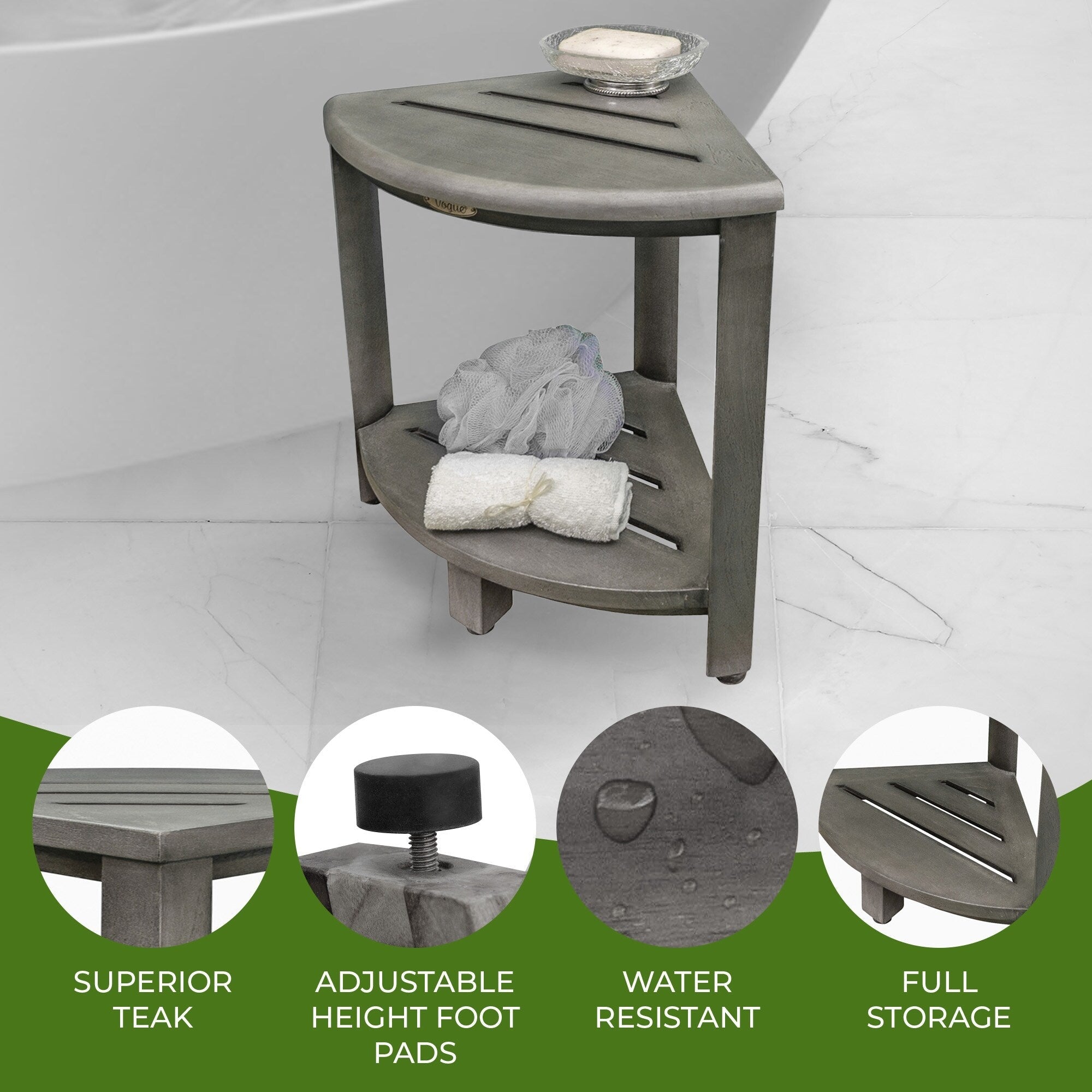 CoastalVogue, Étagère de douche d'angle en teck, Tabouret de douche pour se raser les jambes, Repose-pieds de douche, Tabouret de douche en teck, Tabouret de douche d'angle