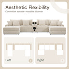 Canapé sectionnel en velours côtelé avec haut-parleurs Bluetooth, chargeur USB, porte-gobelets, rangement, pouf, assise profonde et large