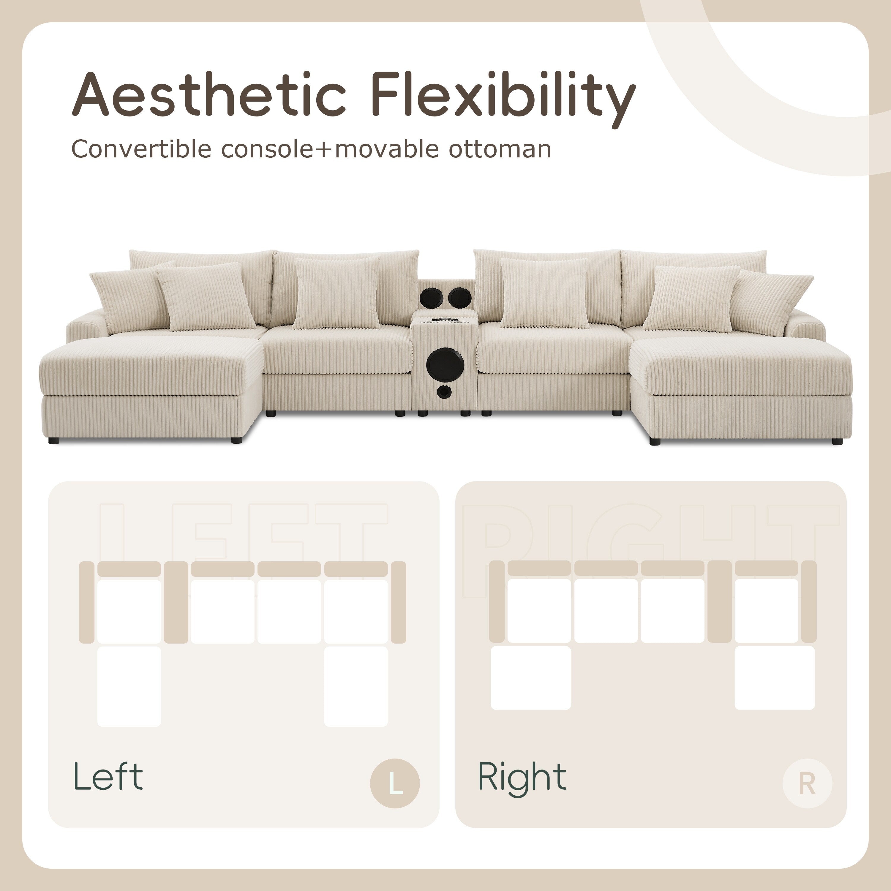 Canapé sectionnel en velours côtelé avec haut-parleurs Bluetooth, chargeur USB, porte-gobelets, rangement, pouf, assise profonde et large