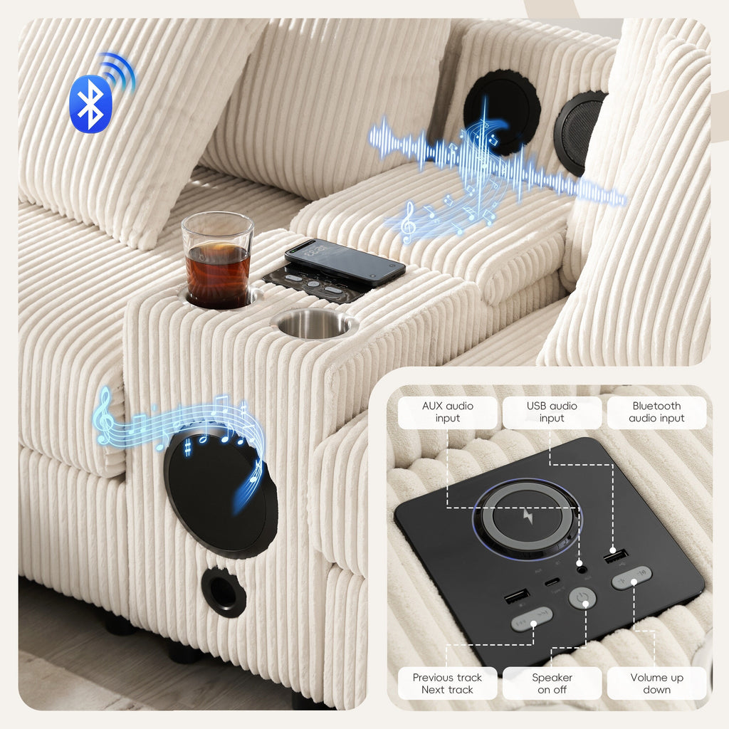 Canapé sectionnel en velours côtelé avec haut-parleurs Bluetooth, chargeur USB, porte-gobelets, rangement, pouf, assise profonde et large