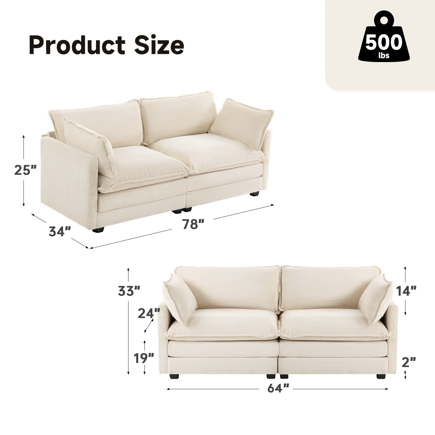 Canapé sectionnel en velours côtelé avec poufs amovibles et coussins ultra-doux pour salon et chambre