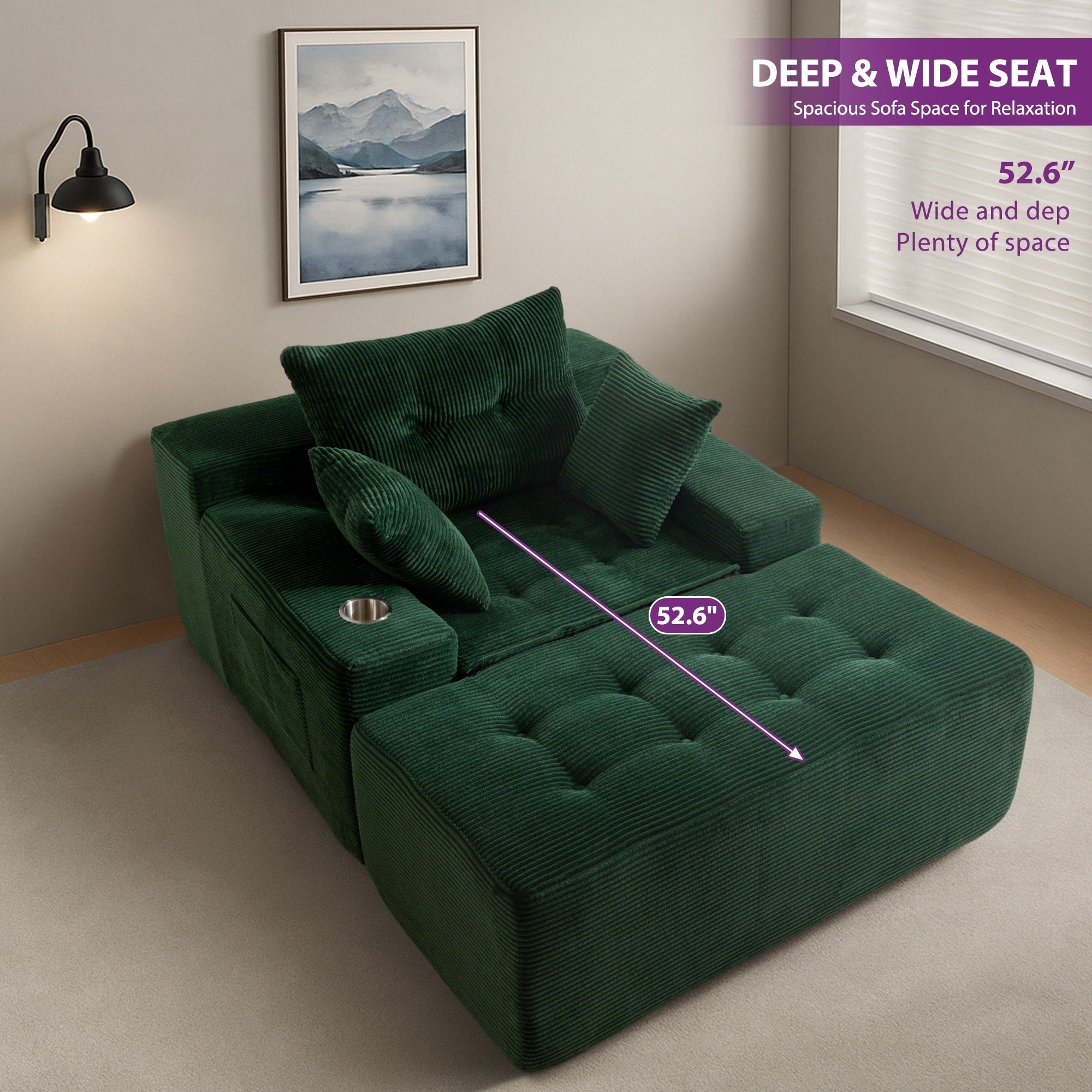 Canapé pouf rembourré en velours côtelé et mousse à mémoire de forme avec pouf - 48,4 L x 67,7 l x 24,4 H