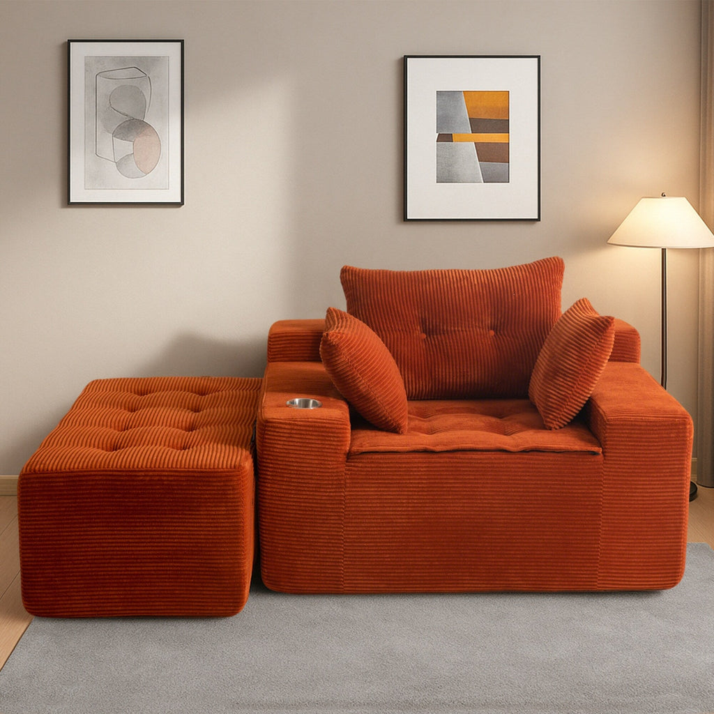 Canapé pouf rembourré en velours côtelé et mousse à mémoire de forme avec pouf - 48,4 L x 67,7 l x 24,4 H