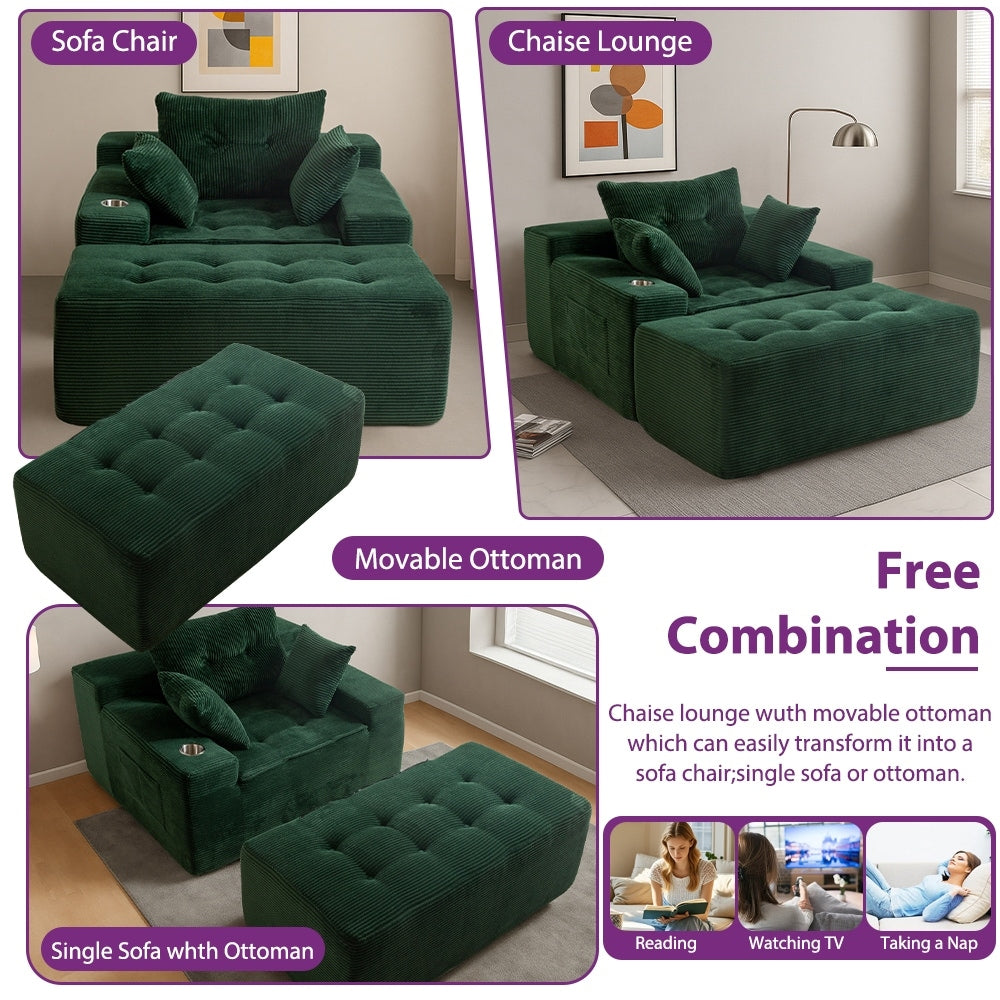 Canapé pouf rembourré en velours côtelé et mousse à mémoire de forme avec pouf - 48,4 L x 67,7 l x 24,4 H