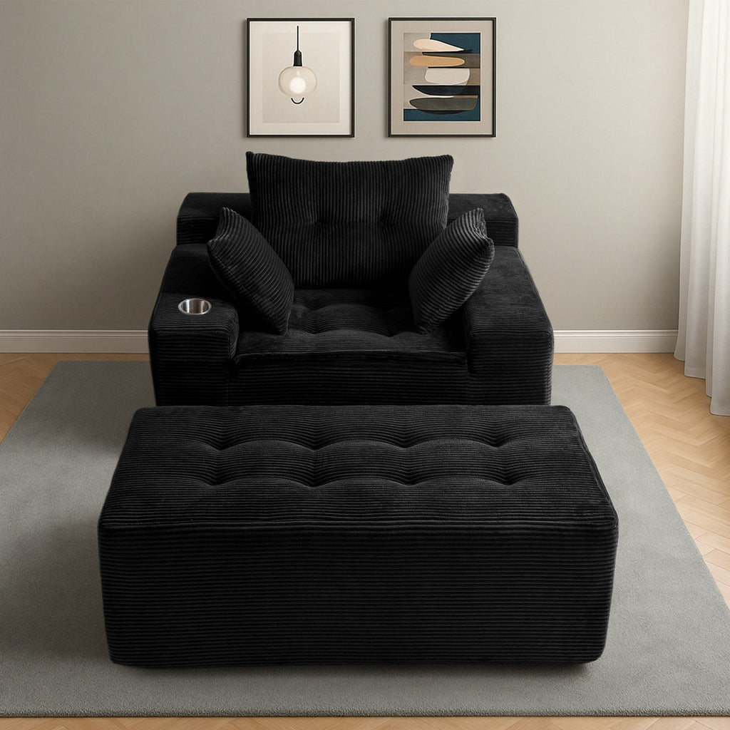 Canapé pouf rembourré en velours côtelé et mousse à mémoire de forme avec pouf - 48,4 L x 67,7 l x 24,4 H