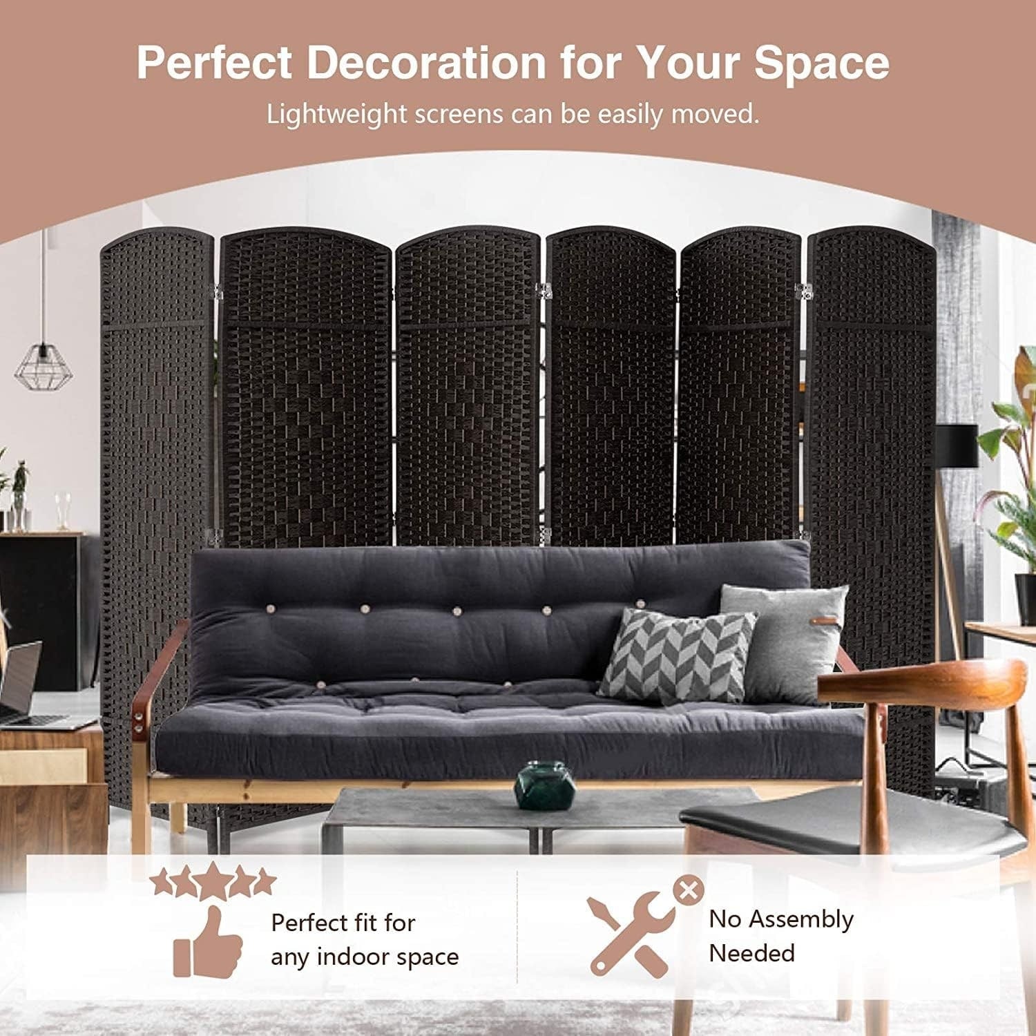 Paravent de séparation de pièce de 6 pieds de haut en fibre tissée, écran de confidentialité autoportant, écran pliant