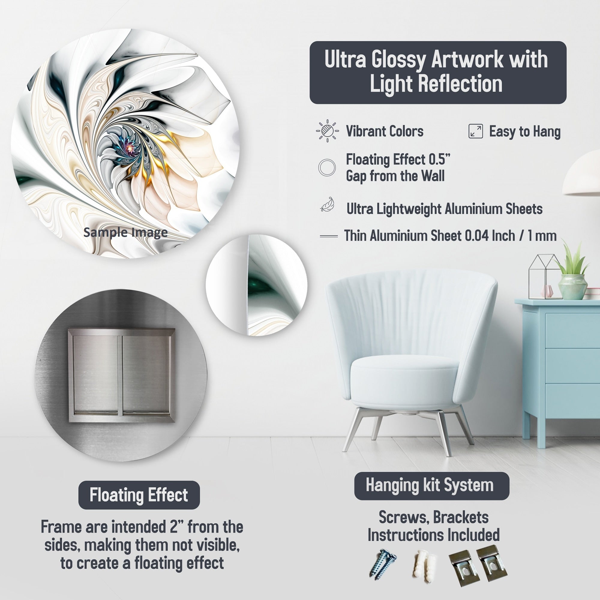 Designart Formes et lignes abstraites IV Art mural rond abstrait en marbre et métal