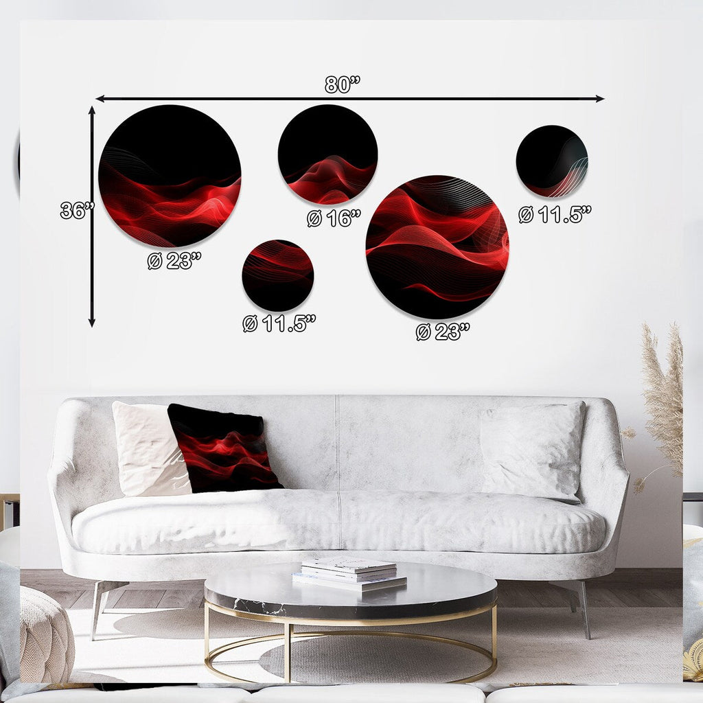 Designart Rouge Noir Contemplative Abstraction IX Moderne Vagues Métal Rond Art Mural Ensemble De 5