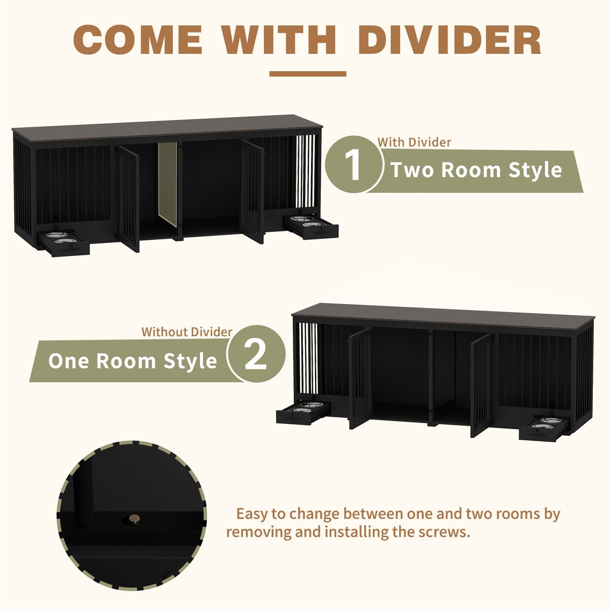 Meubles pour cage à chien - Niche en bois avec séparateur de pièce et 2 tiroirs