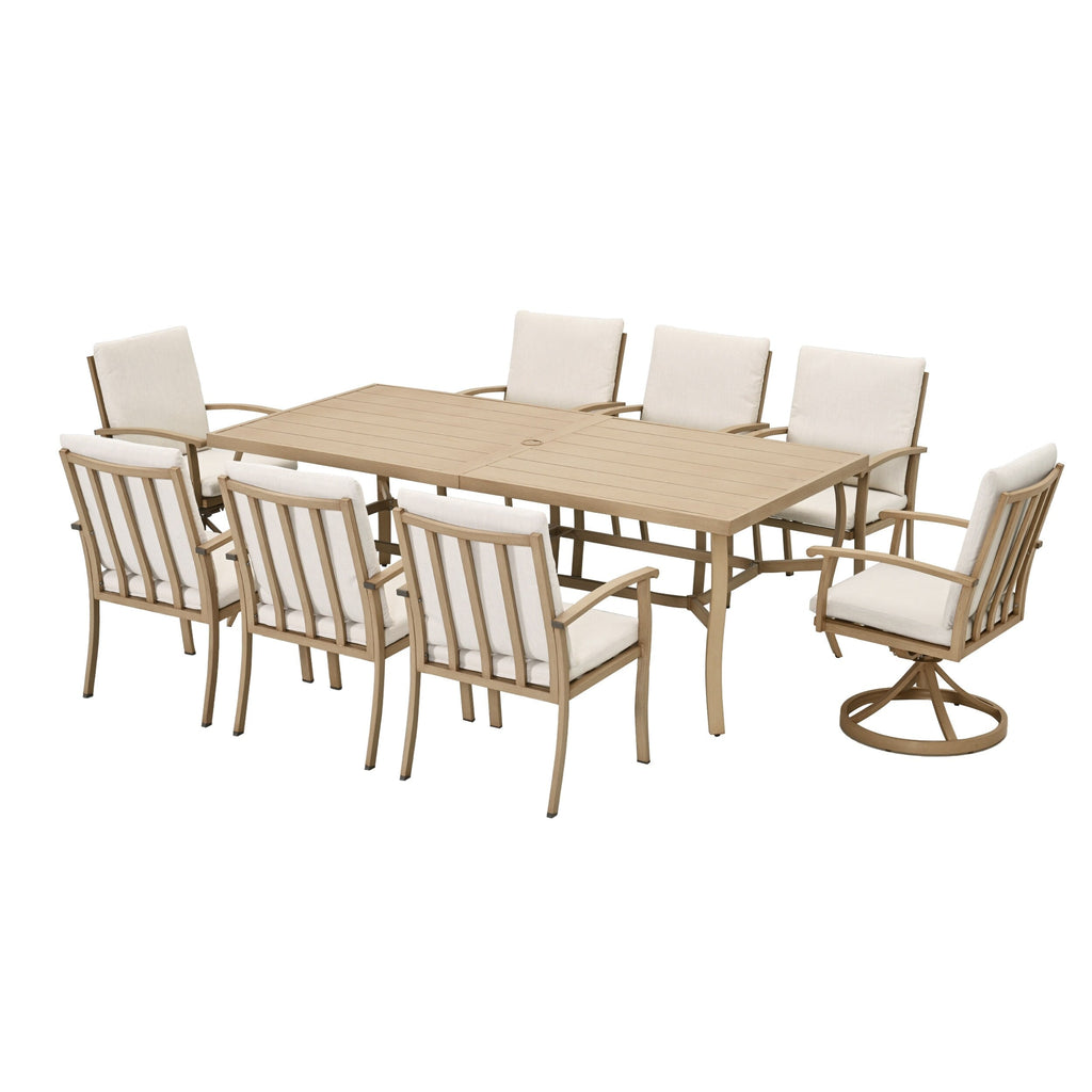 Ensemble de salle à manger de patio en aluminium EGEIROS LIFE AluLux 9 pièces avec 2 chaises pivotantes, 6 chaises et coussins lavables