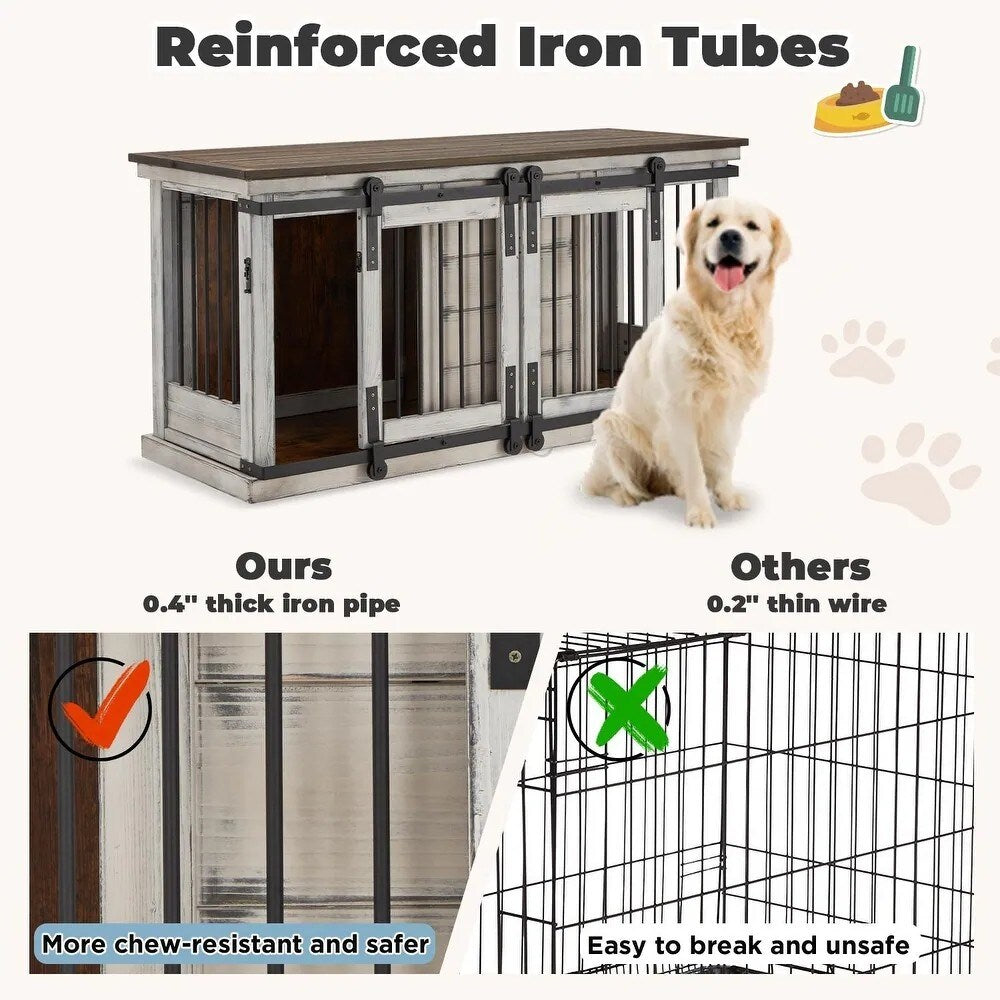 Cage pour chien en bois massif EROMMY, niche d'intérieur avec porte coulissante et meuble TV, niche chic en bois, cage élégante pour chien