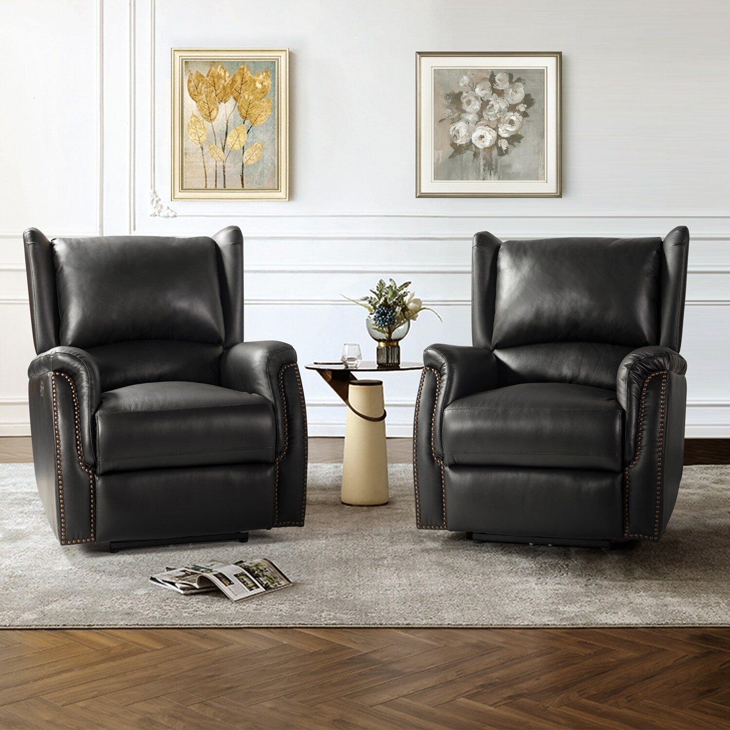 Fauteuil inclinable électrique en cuir véritable Eduardo avec port USB, lot de 2
