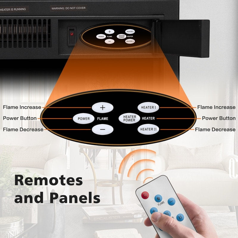 Cheminée électrique avec manteau en bois et foyer, télécommande