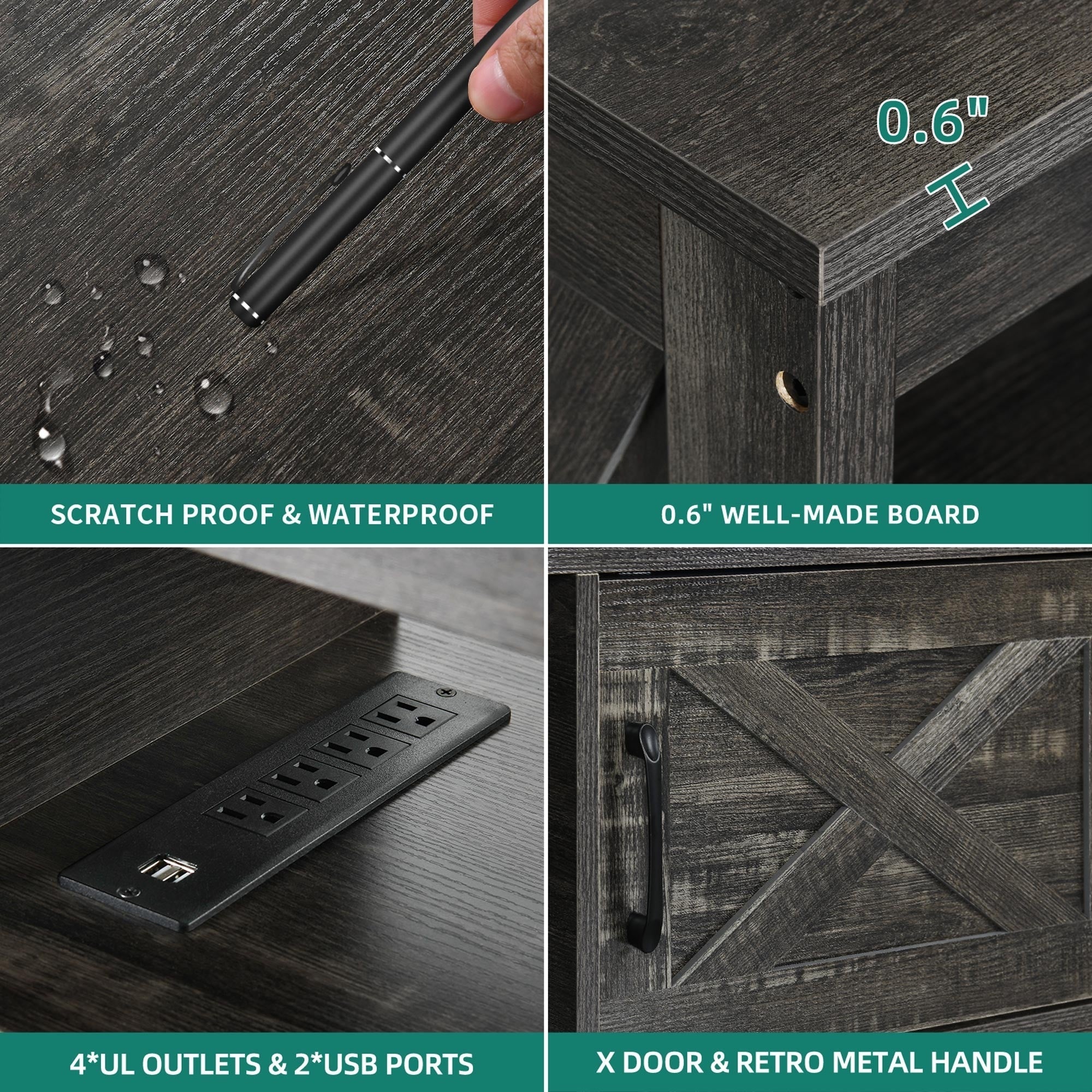 Meuble TV Farmhouse pouvant accueillir jusqu'à 65 téléviseurs avec portes et étagères ouvertes Console multimédia Prise de courant