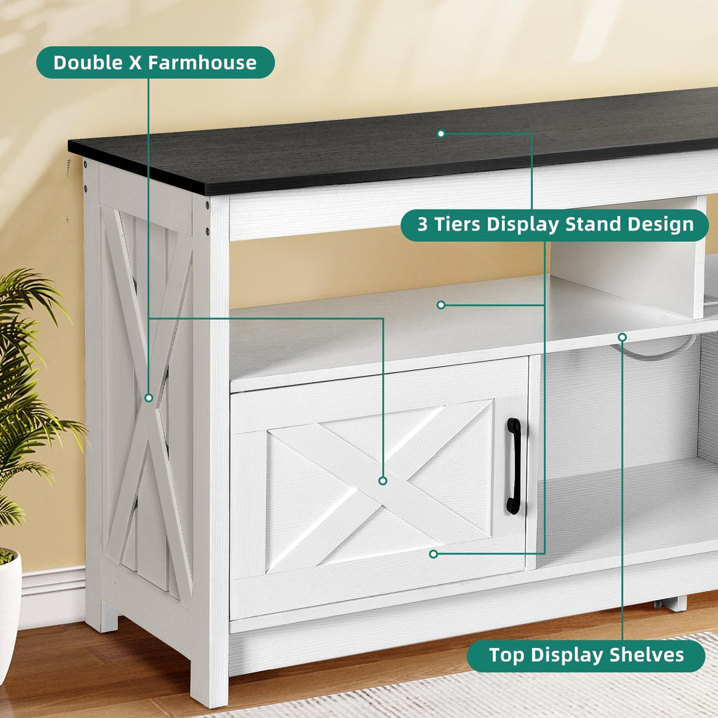 Meuble TV Farmhouse pouvant accueillir jusqu'à 65 téléviseurs avec portes et étagères ouvertes Console multimédia Prise de courant