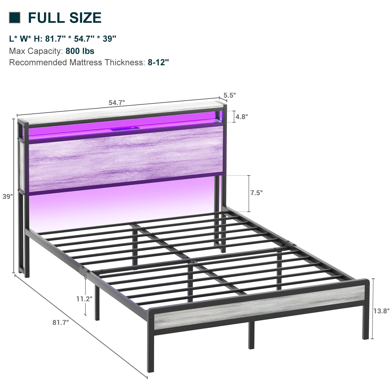 Cadre de lit plateforme en bois de style ferme avec station de charge et lumières LED