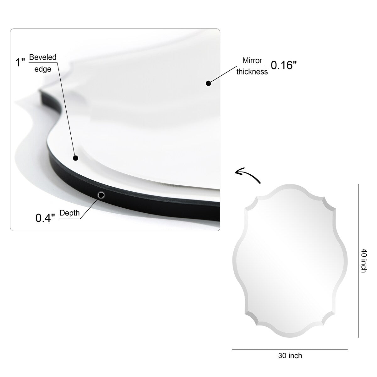 Miroir mural festonné élégant, oblong et biseauté, sans cadre