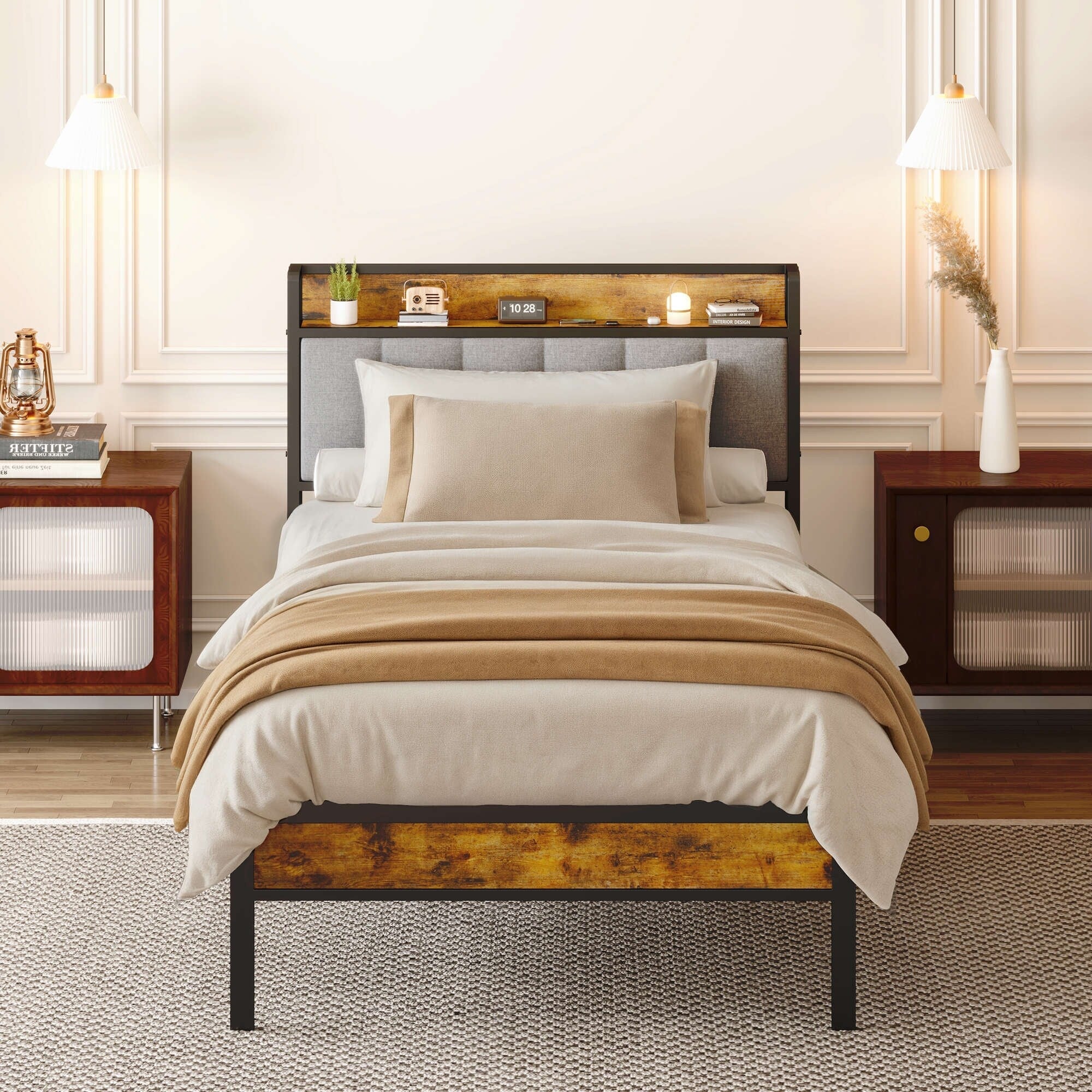 Cadre de lit plateforme en métal pour lit simple, double, queen ou king size avec tête de lit rembourrée et rangement