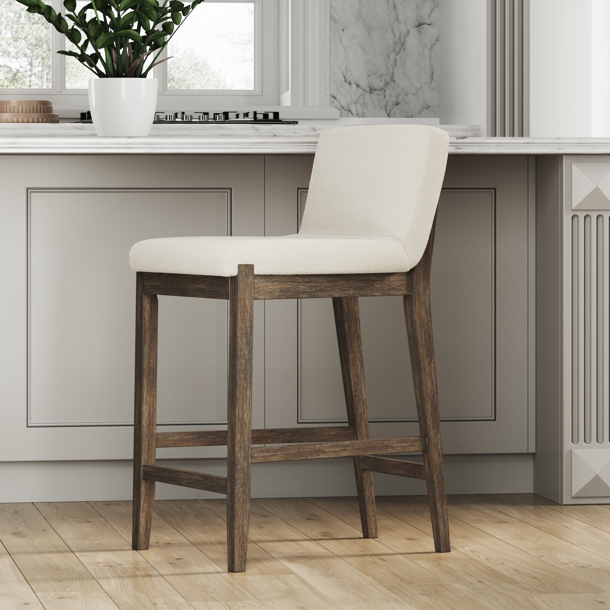 Tabouret de bar moderne Gracie, chaise rembourrée en boucle et pieds en bois brossé