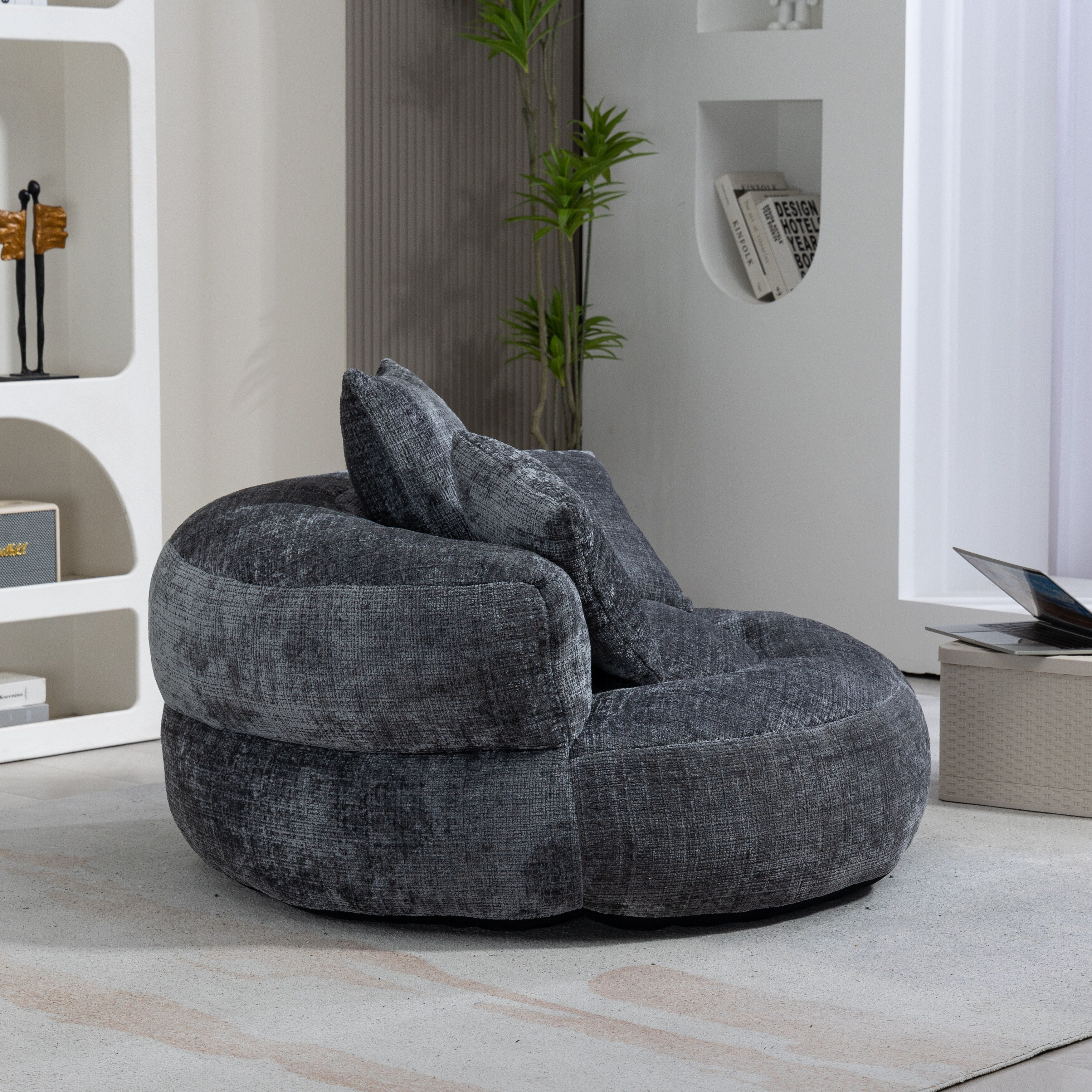 Canapé poire simple gris surdimensionné en chenille de 42,52 pouces avec trois oreillers pour chambre à coucher