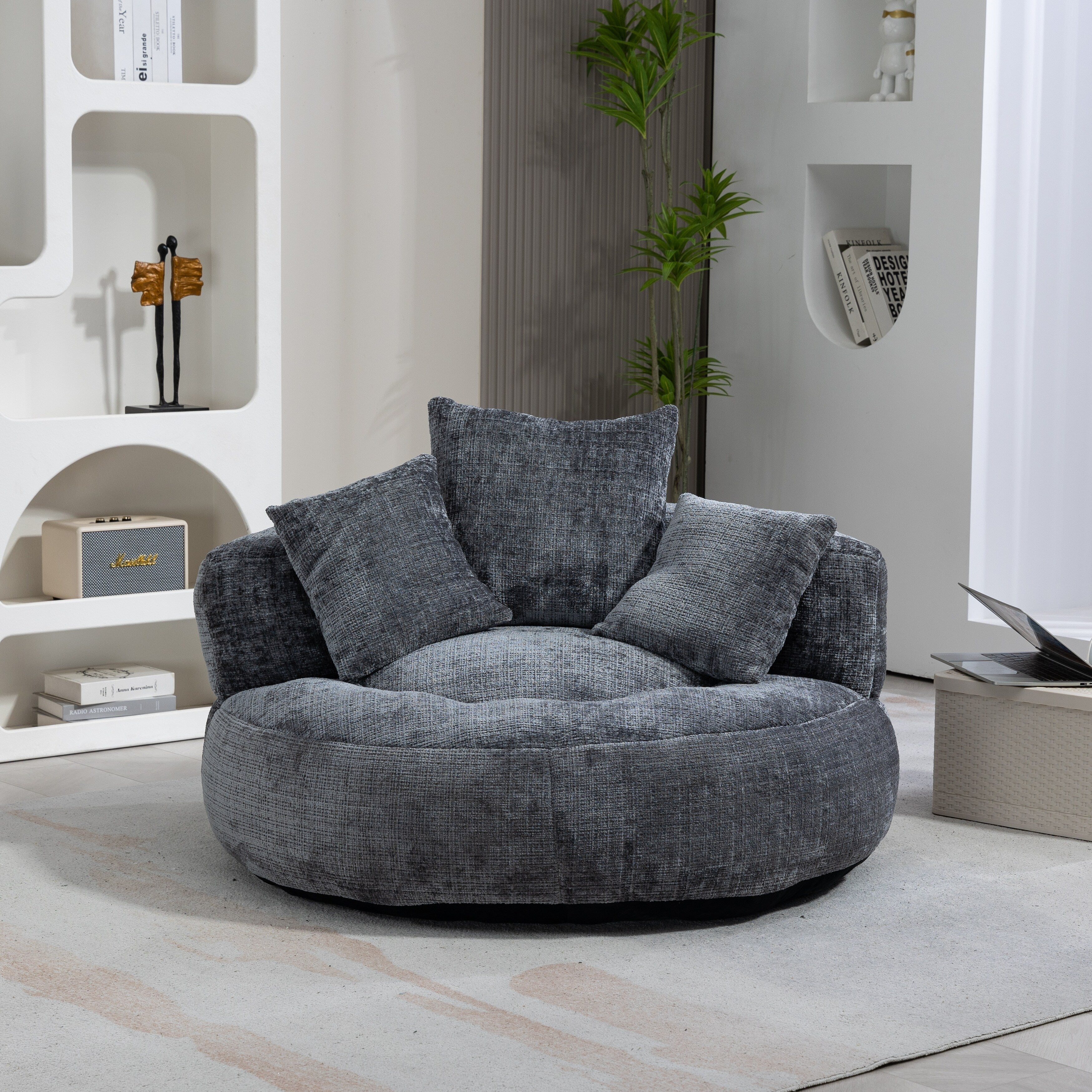 Canapé poire simple gris surdimensionné en chenille de 42,52 pouces avec trois oreillers pour chambre à coucher