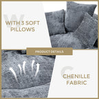 Canapé poire simple gris surdimensionné en chenille de 42,52 pouces avec trois oreillers pour chambre à coucher