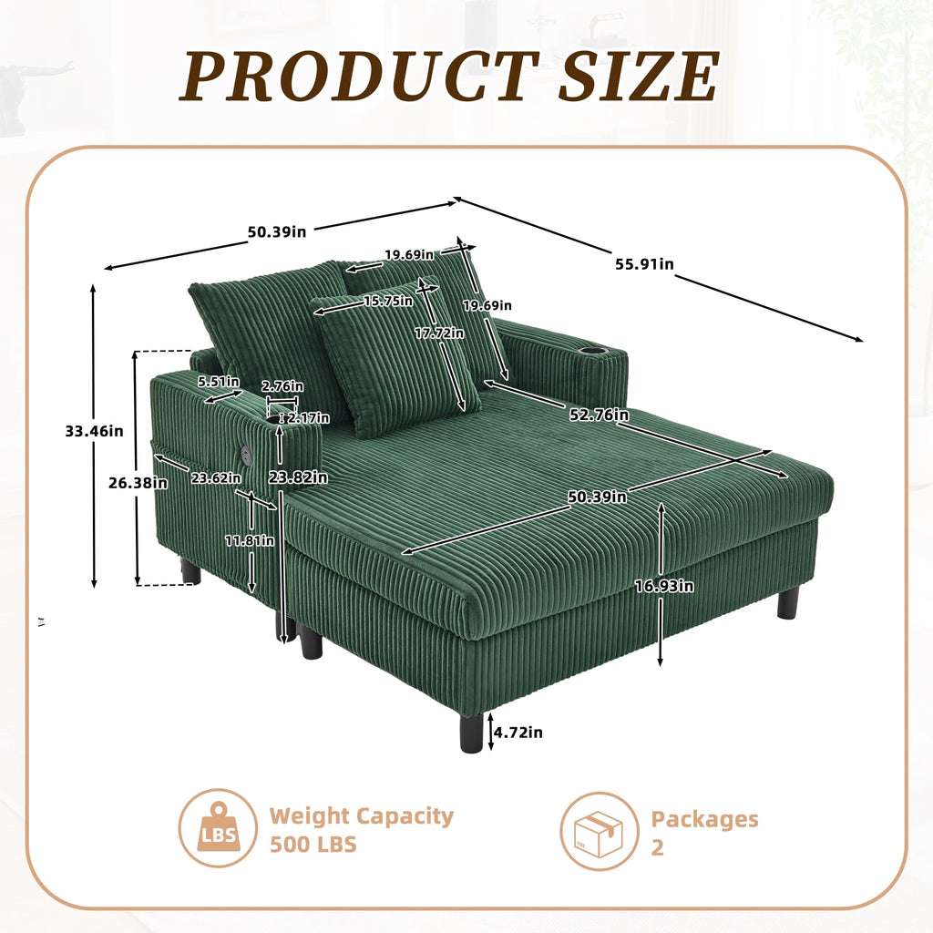 Canapé-lit inclinable surdimensionné HOMEFUN en velours côtelé avec éclairage LED RVB, porte-gobelet, port USB et 3 oreillers