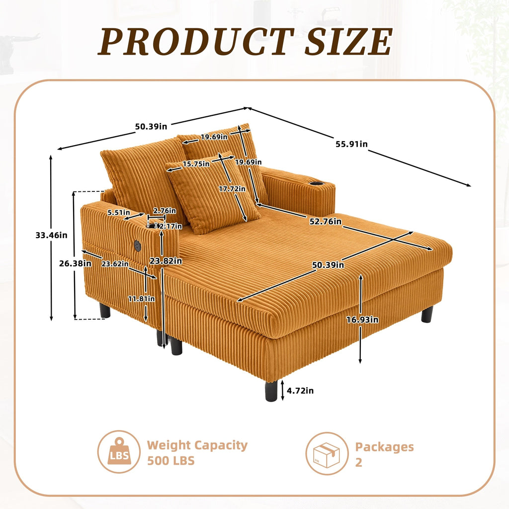 Canapé-lit inclinable surdimensionné HOMEFUN en velours côtelé avec éclairage LED RVB, porte-gobelet, port USB et 3 oreillers