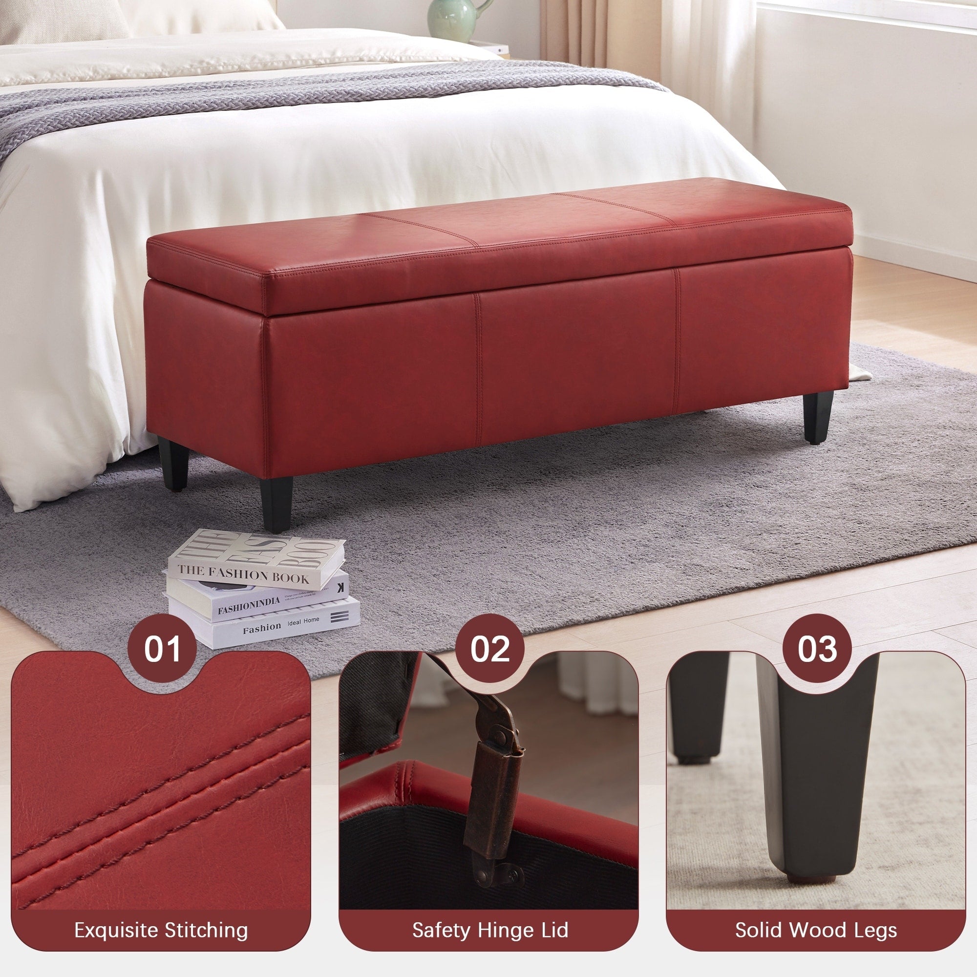 Pouf de rangement rectangulaire rembourré 50,3 x 17,50 x 18 po - Similicuir