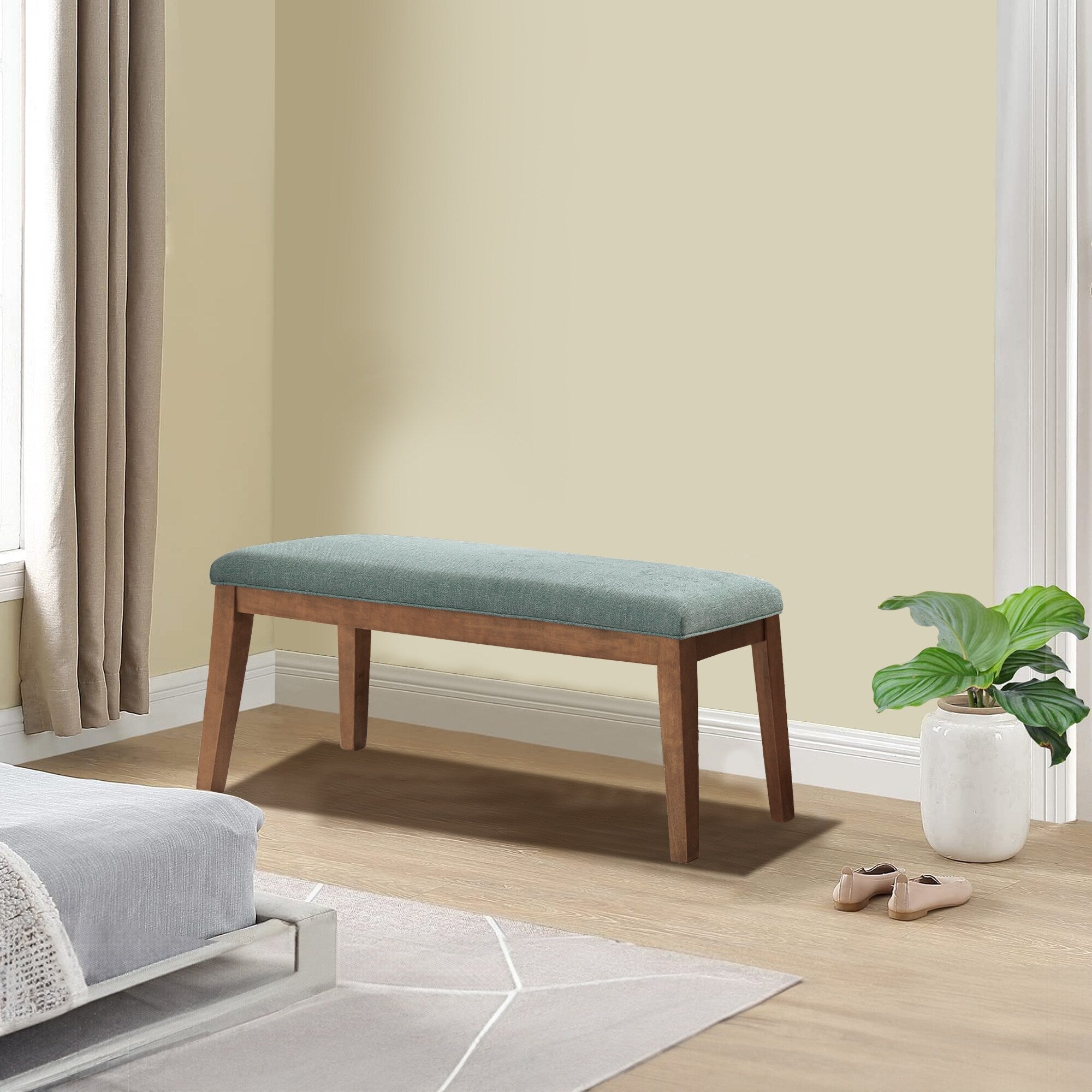 Banc d'entrée rembourré en tissu, banc de chambre pour bout de lit beige, bois massif 44 pouces