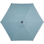 Ensemble de salle à manger Hanover Lavallette 5 pièces bleu océan avec 4 chaises fixes, une table ronde en verre de 132 cm, un parasol et un socle.