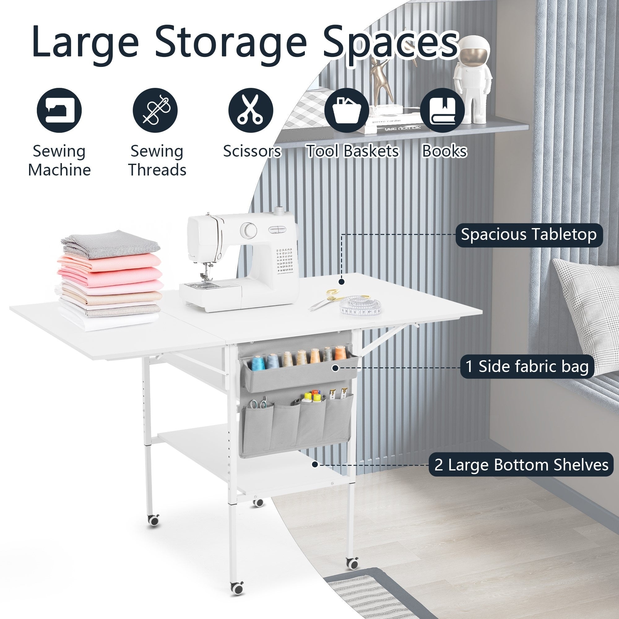 Table de bricolage réglable en hauteur avec étagères de rangement, table de découpe pliante mobile pour la maison, le bureau, la salle de couture et la salle d'artisanat