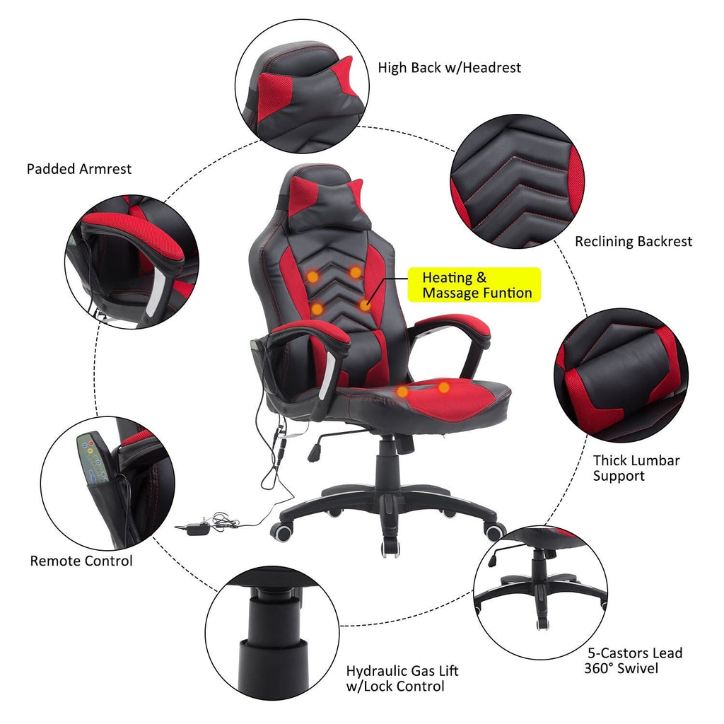 Fauteuil de jeu pour ordinateur, massage par 6 points vibrants, 5 modes, style course, chauffant, pivotant, roulant, avec appui-tête